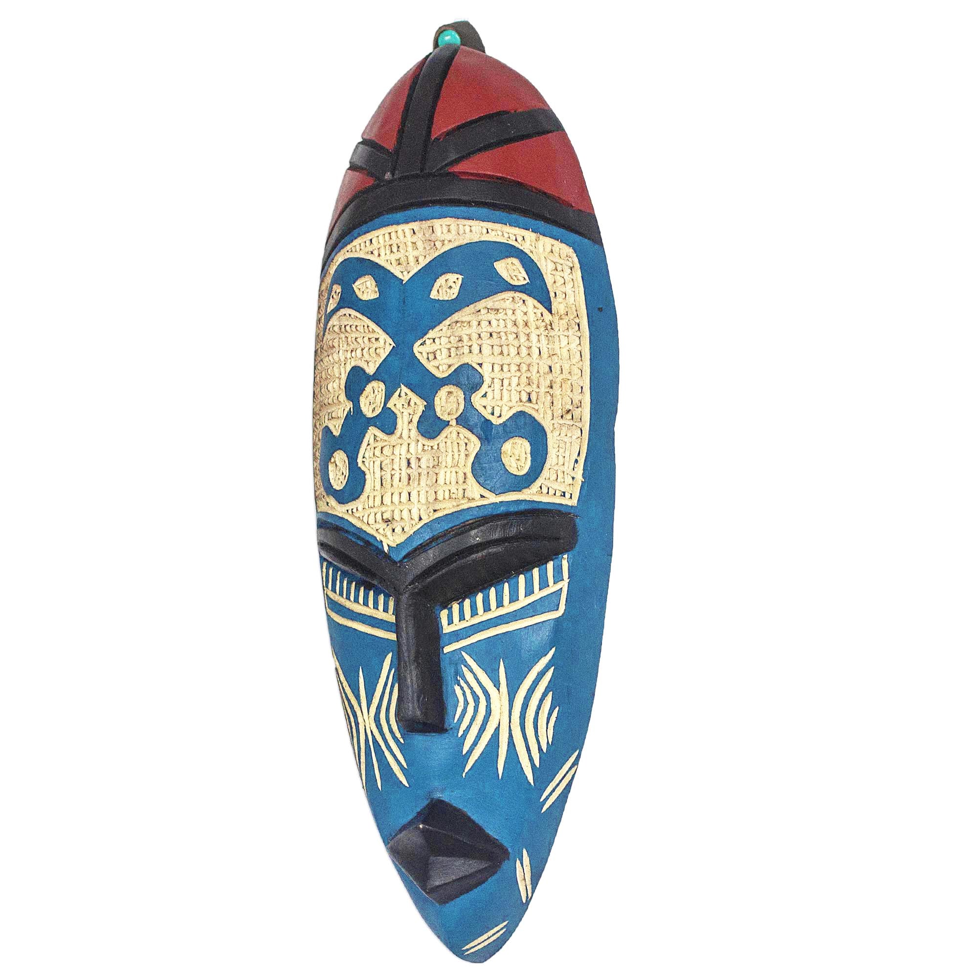 Premium Courageous Ohene African Wall Mask - Handcrafted Blue & Cream Wood Art