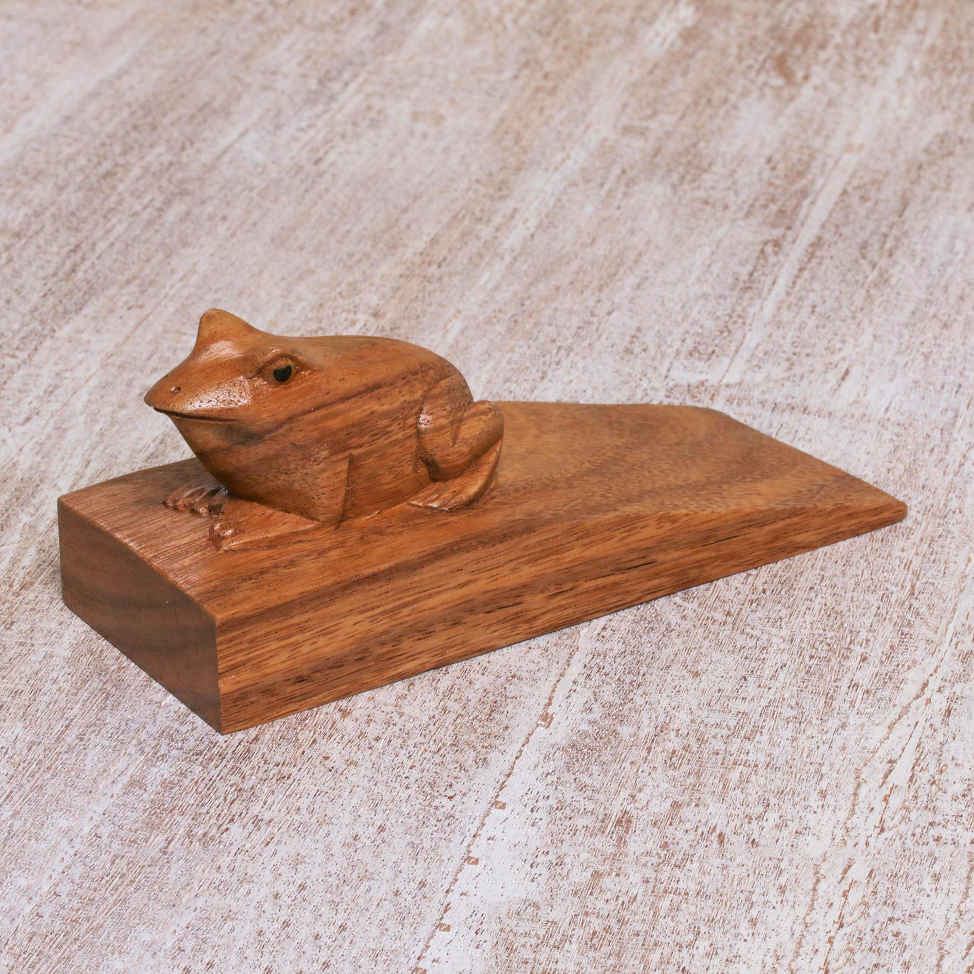 Premium Handcrafted Suar Wood Frog Doorstop with Brown Toad - Artisan Crafted in Bali