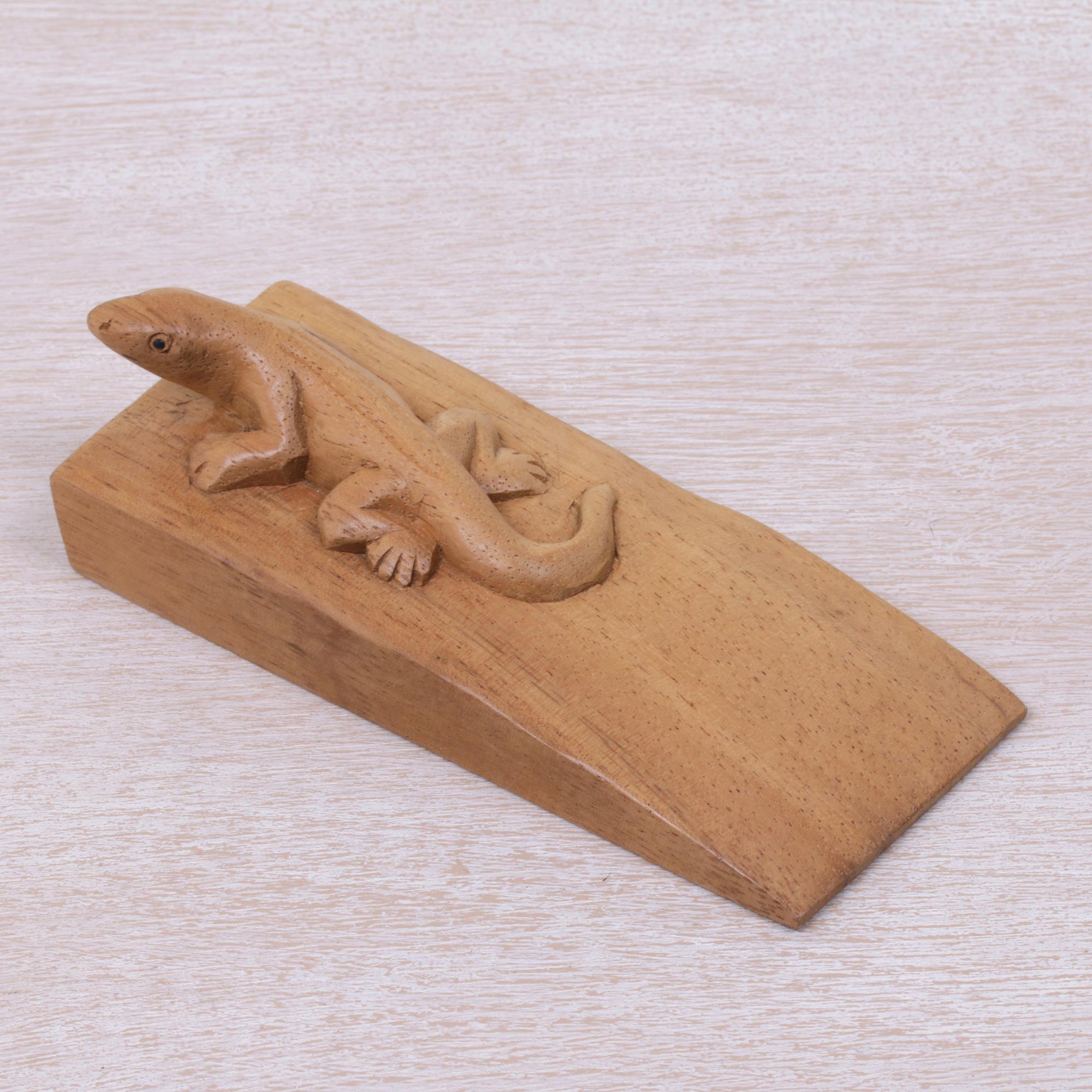 Premium Hand-Carved Suar Wood Gecko Door Stopper - Natural Brown Finish