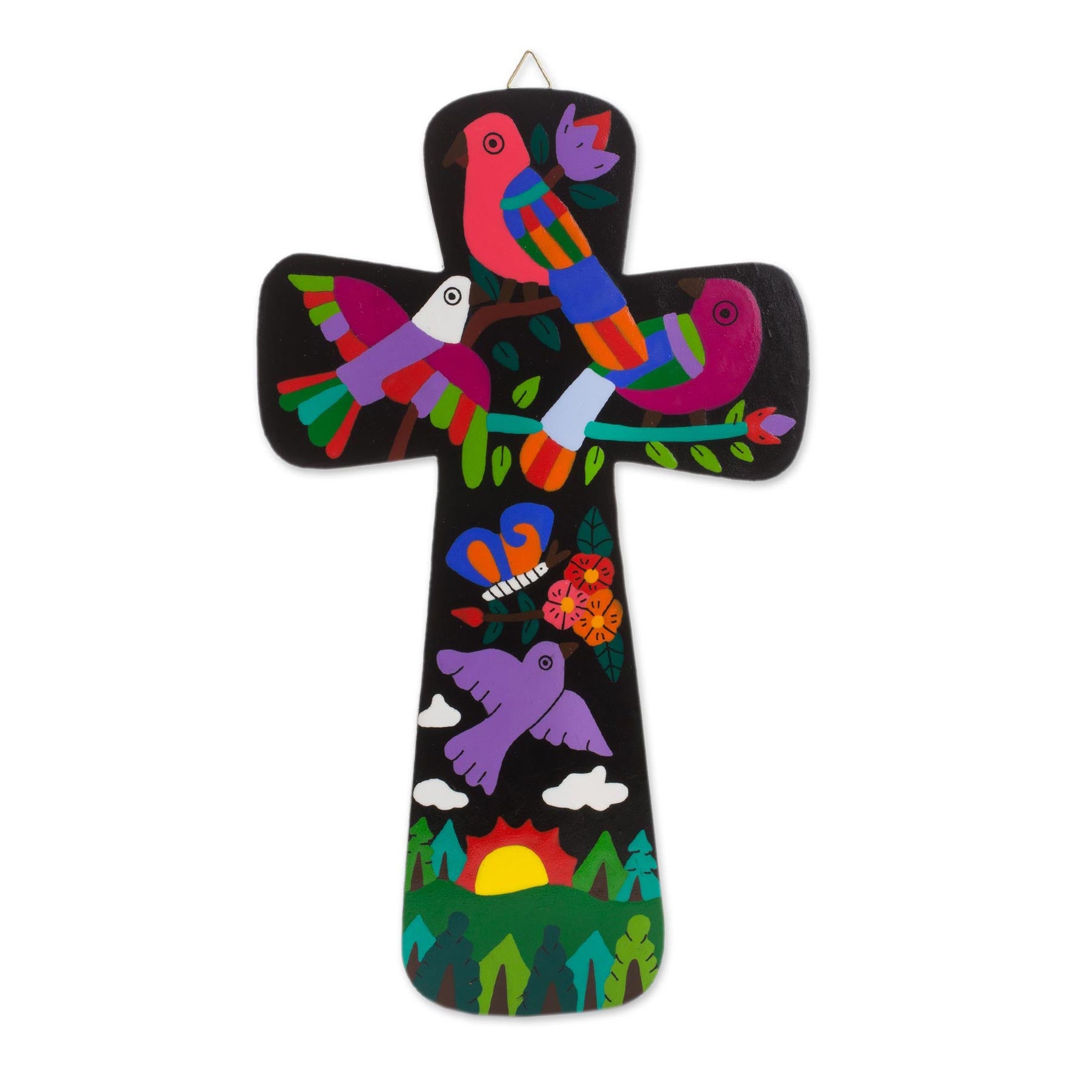 Premium Hand-Painted Neon Nature Pinewood Wall Cross with Vibrant Bird Motifs