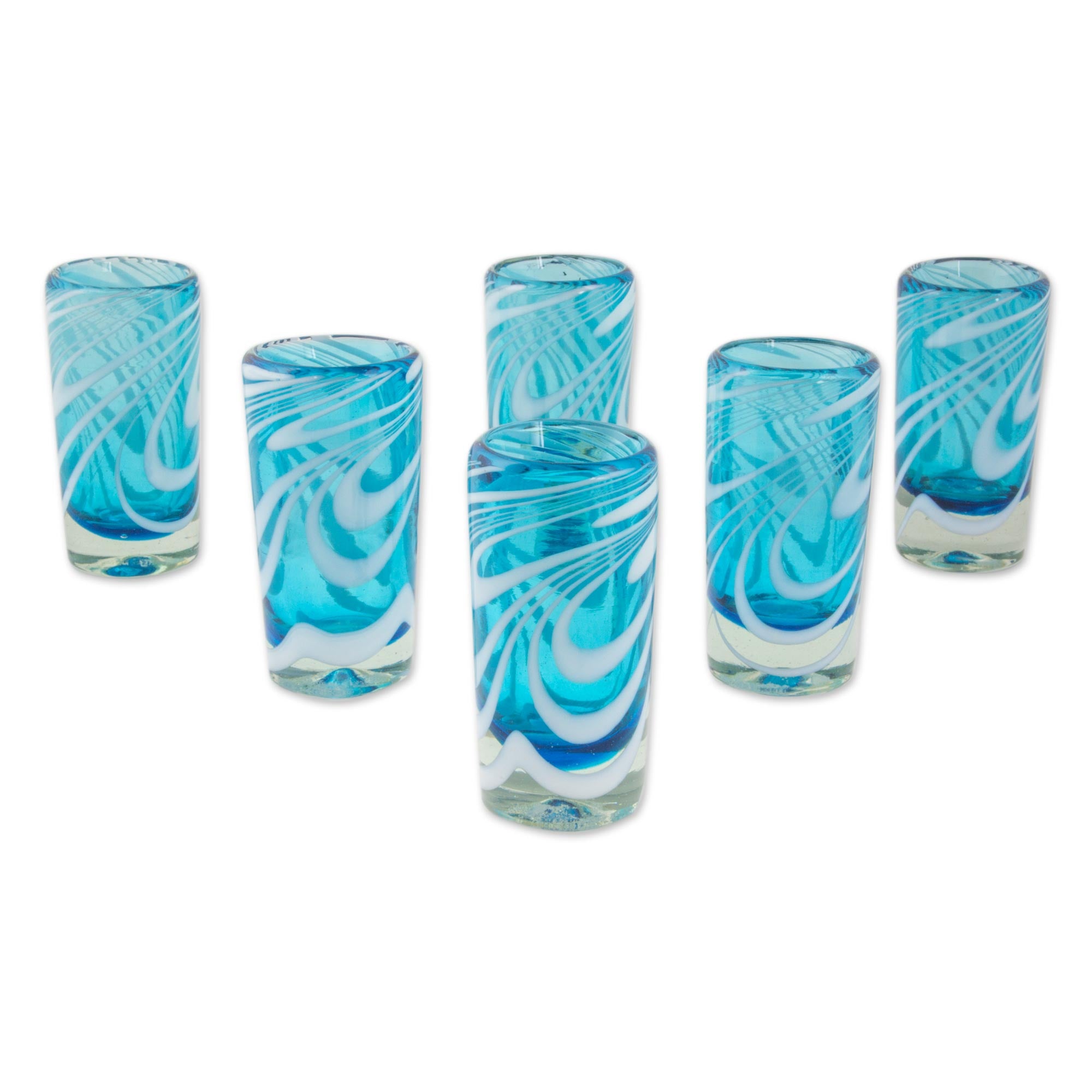 Premium Whirling Aquamarine Hand-Blown Shot Glasses - Set of 6 | Mexican Artisan Craft
