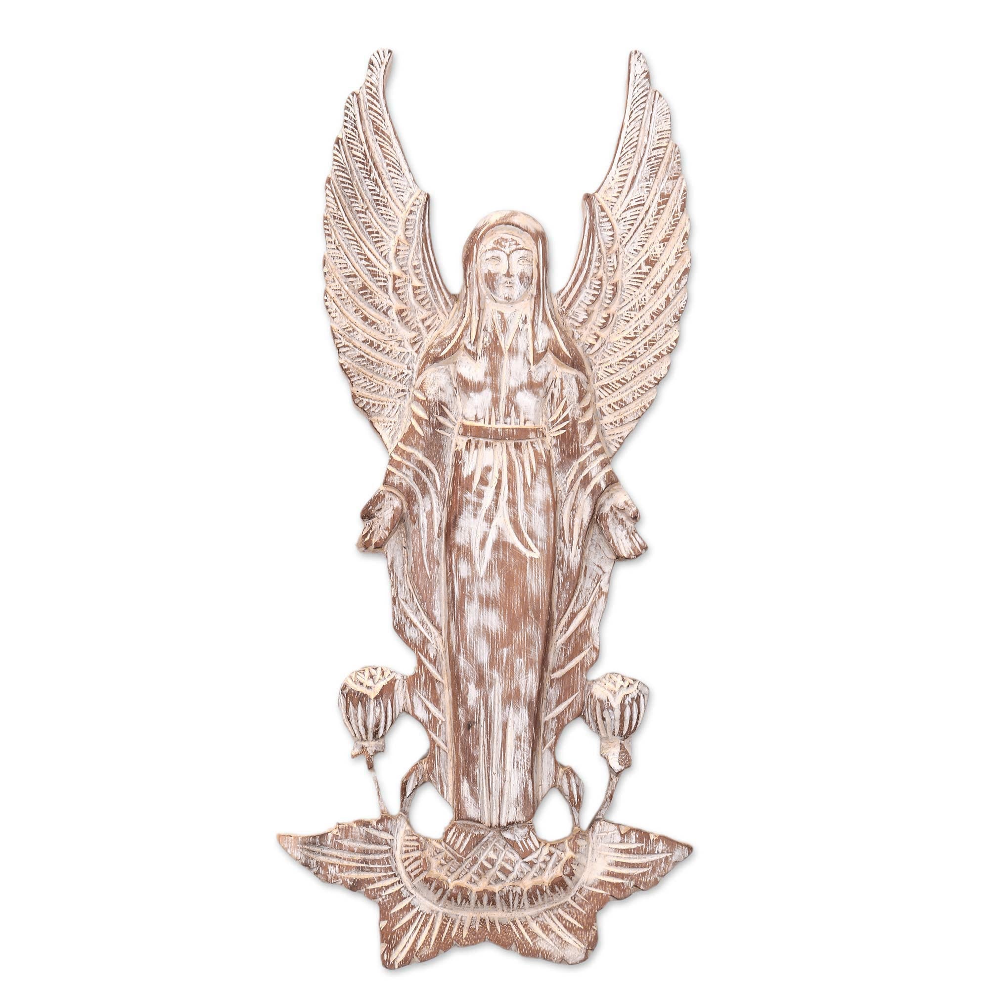 Premium Hand-Carved Balinese Angel Relief Panel – Whitewashed Elegance