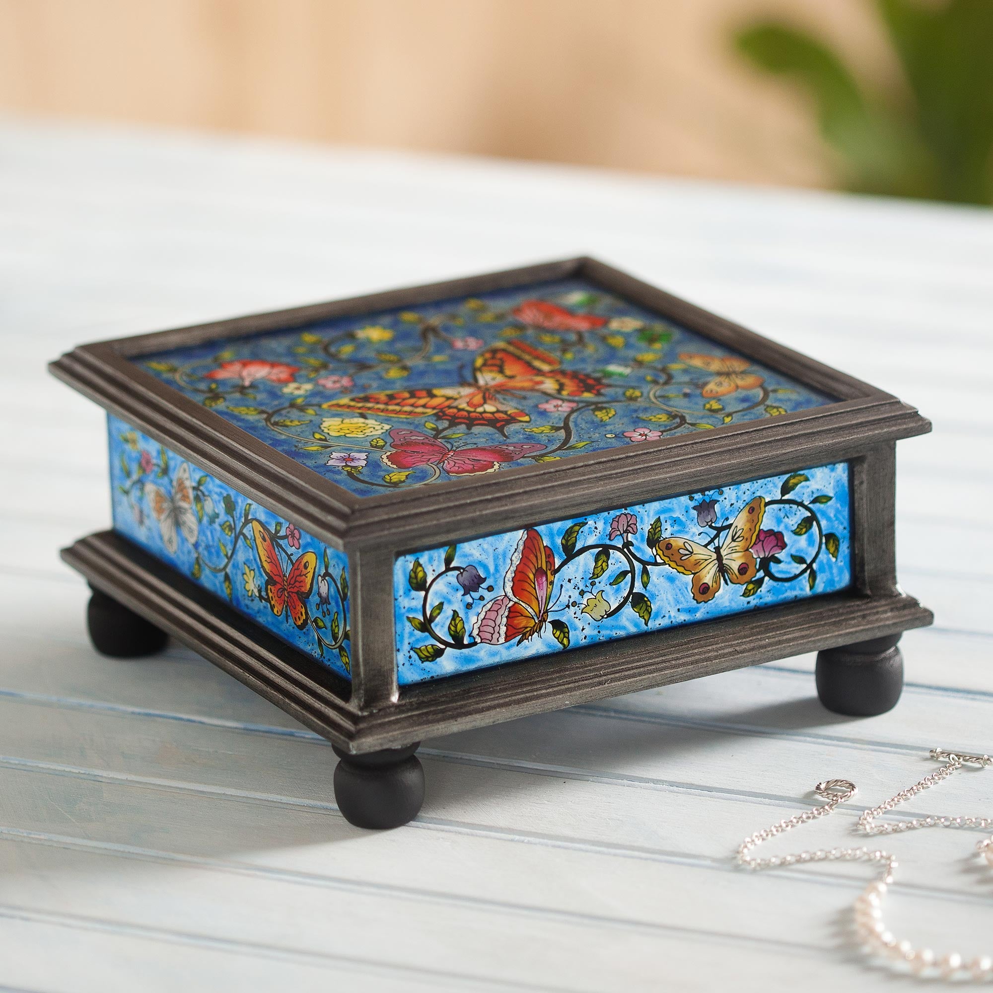 Premium Blue Winter Butterflies Reverse Painted Glass Decorative Box