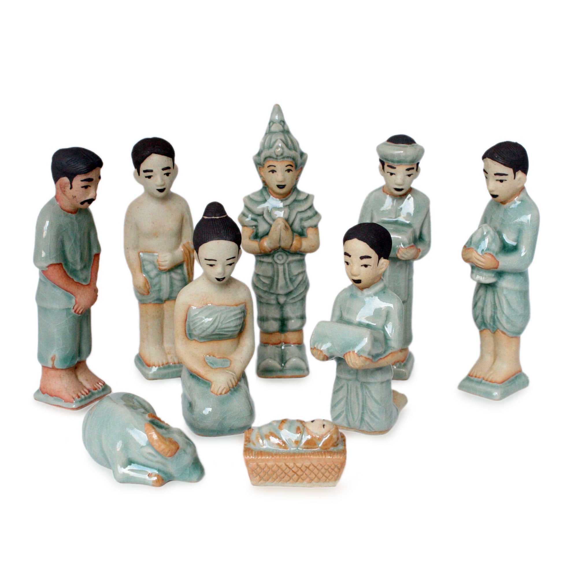 Premium Thai Nativity Scene: Handmade Celadon Ceramic Set