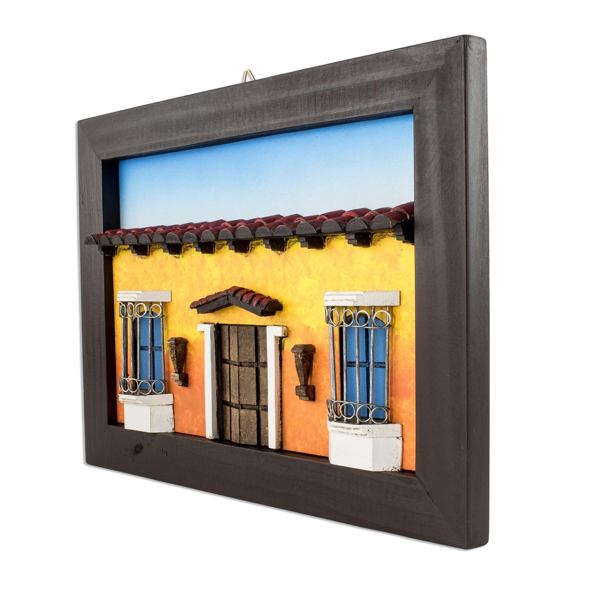 Premium Salvadoran Handcrafted Wooden House Facade Diorama - Yellow & Red