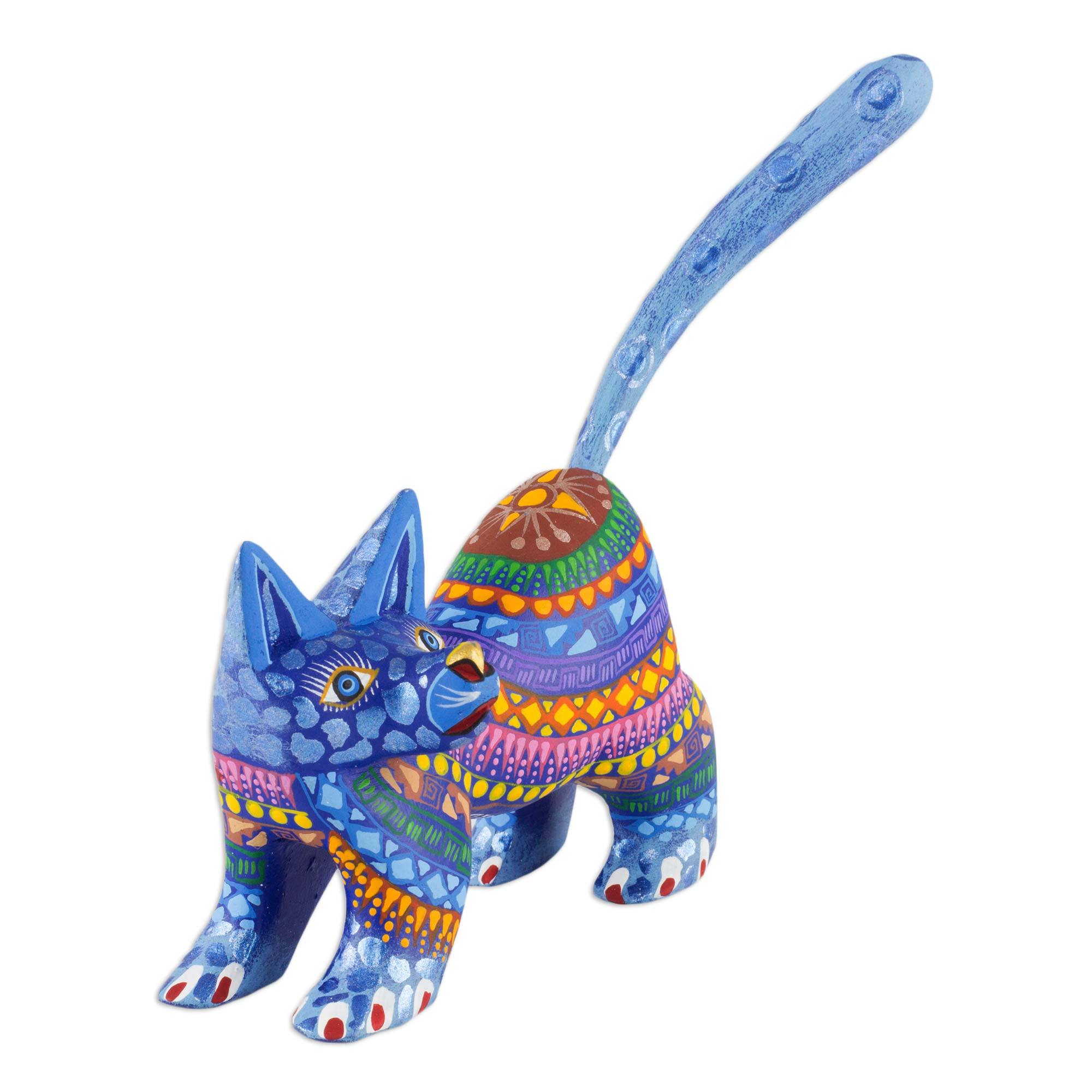 Premium Handcrafted Blue Kitten Sculpture - Oaxaca Folk Art