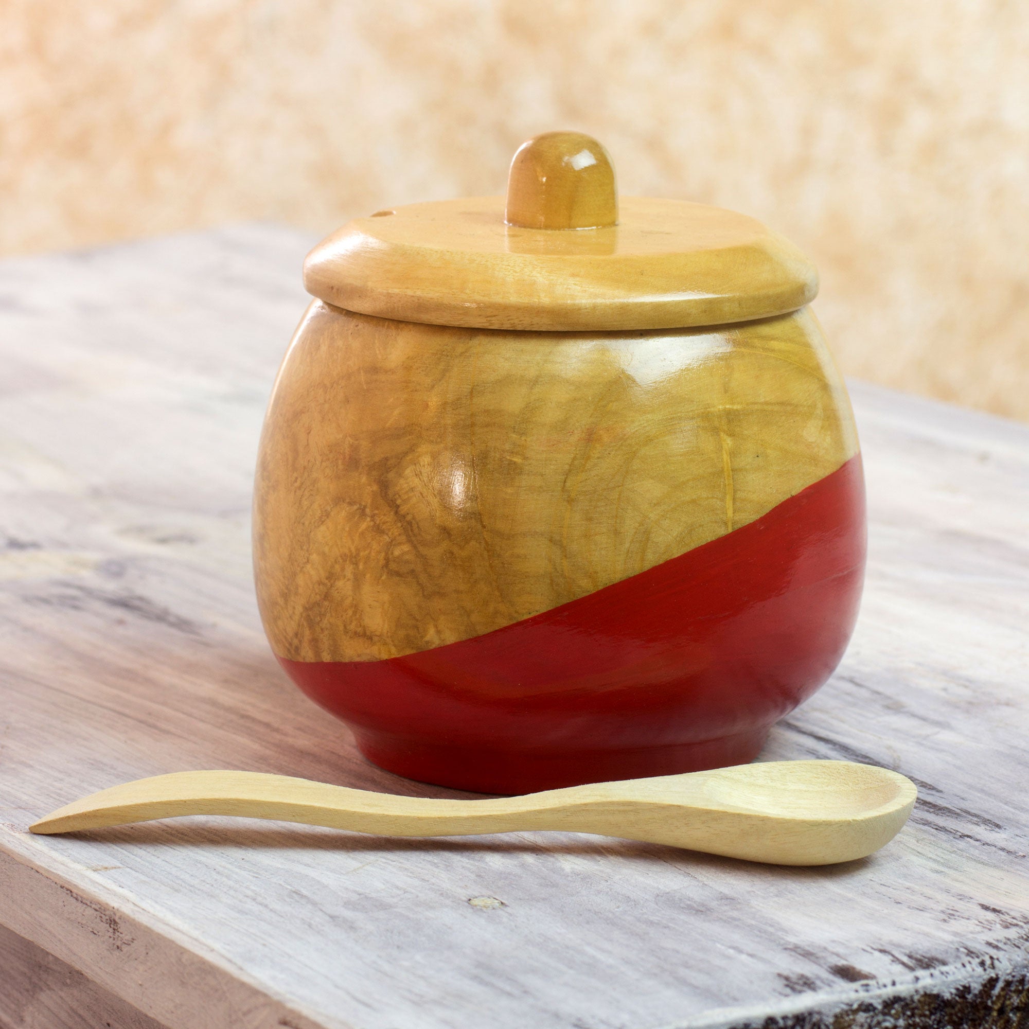 Premium Handcrafted Red Dipped Wooden Sugar Bowl & Spoon Set