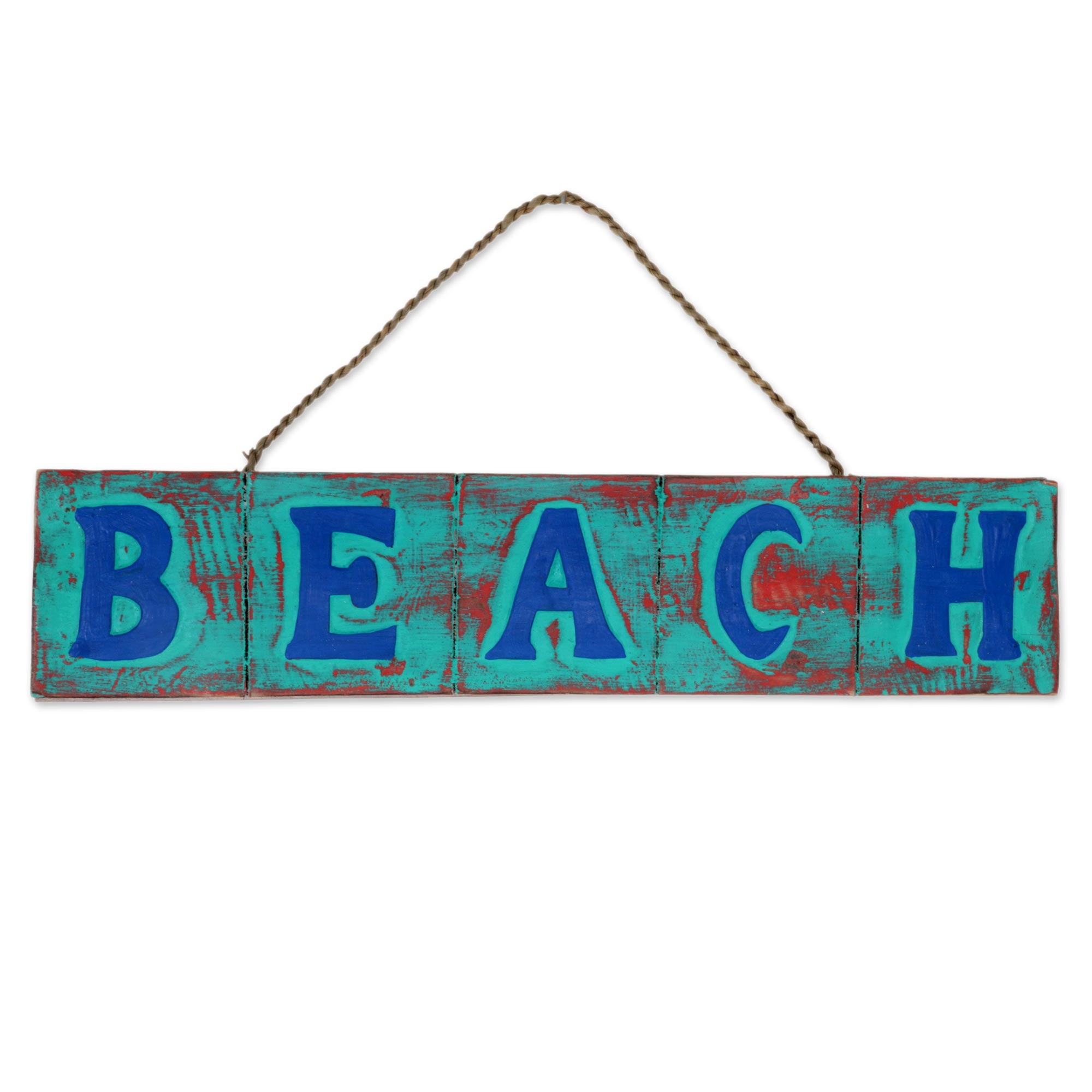 Premium Hand-Carved 'Beach' Wall Art - Turquoise & Red Indonesian Wood Sign