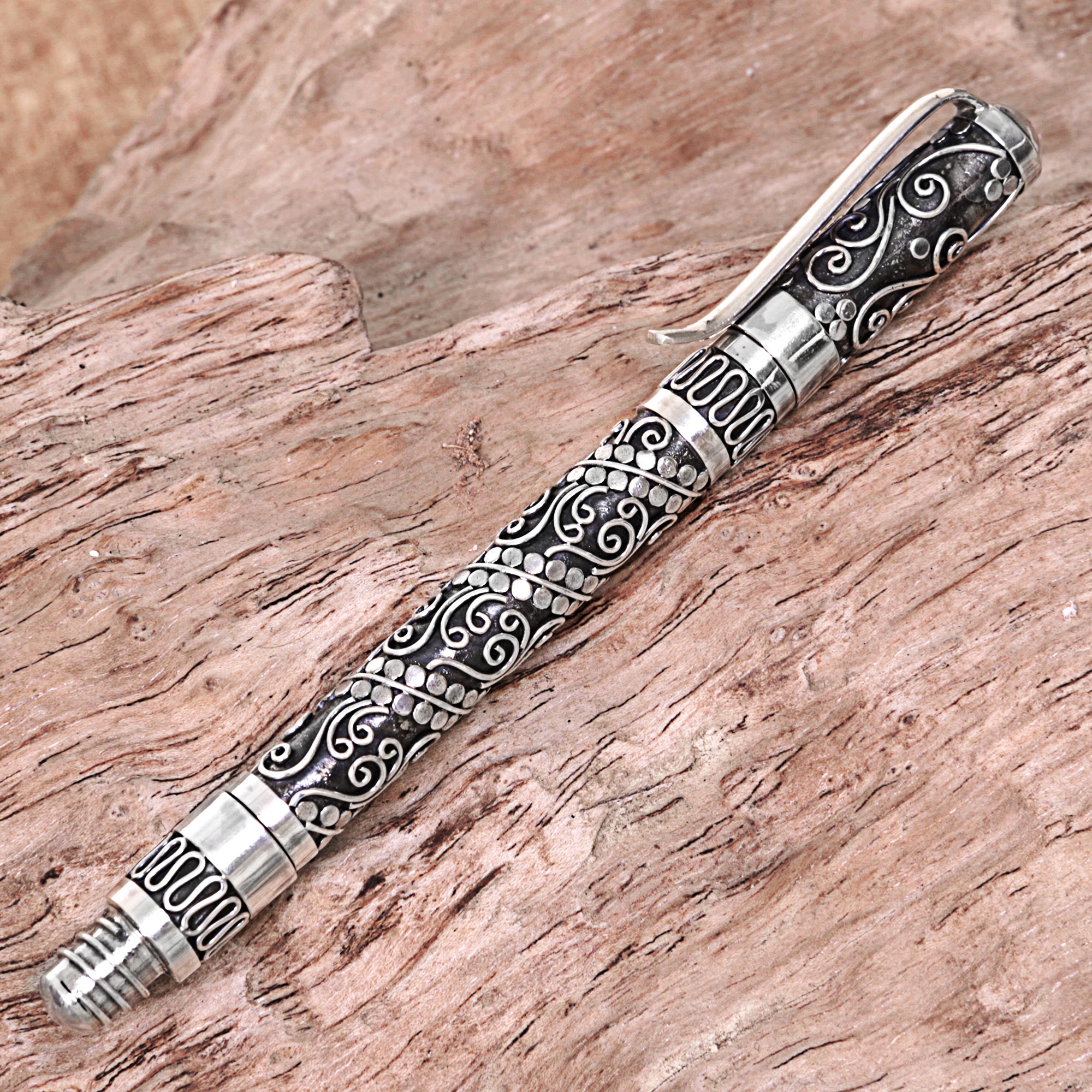 Premium Balinese Swirls Sterling Silver Ballpoint Pen - Handcrafted in Indonesia