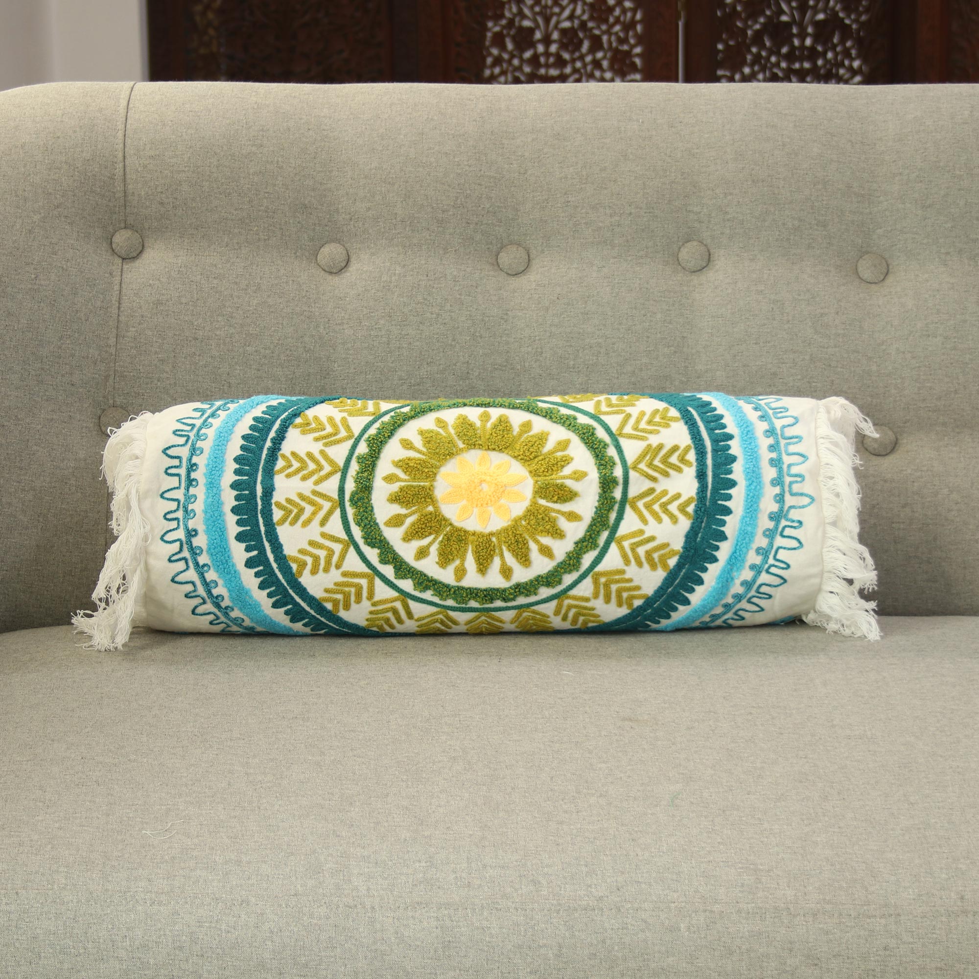 Premium Mandala Glory Bolster Cover - Handcrafted Cotton Embroidered Design from India