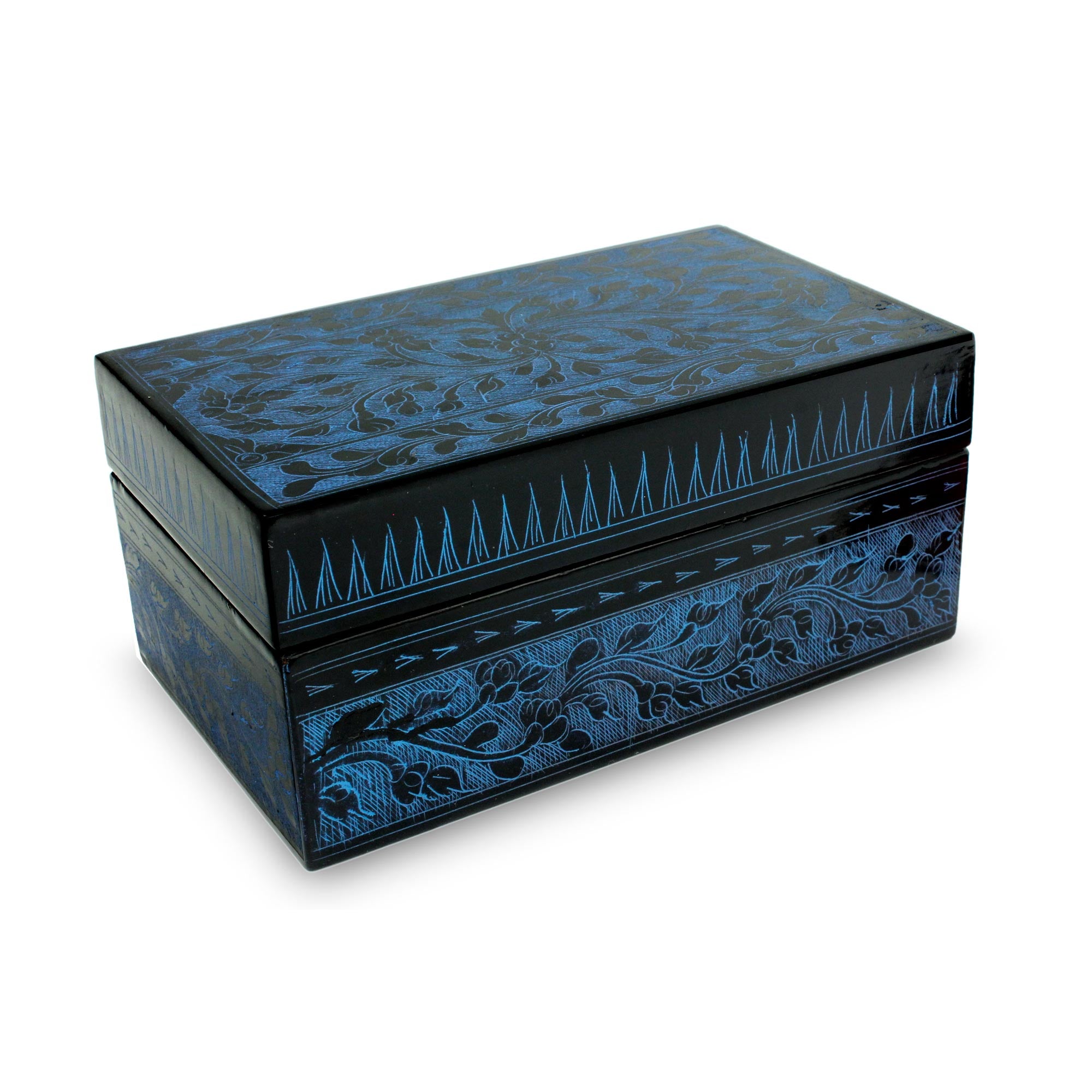 Premium Blue Thai Fantasy Floral Lacquered Wood Box – Handcrafted Elegance