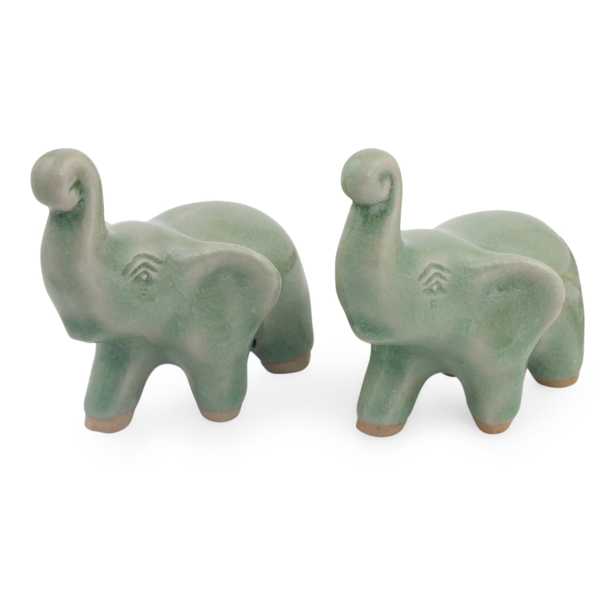 Premium Lucky Green Elephant Ceramic Figurines - Handmade Thai Art