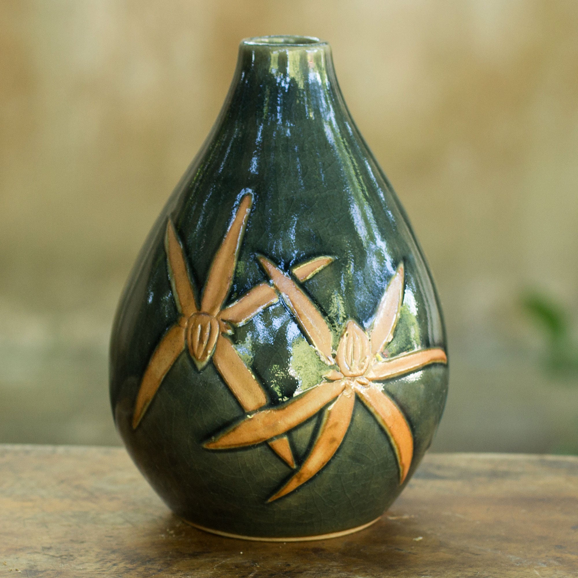 Premium Celadon Ceramic Vase: Dragonfly Orchids Design - Handcrafted Elegance