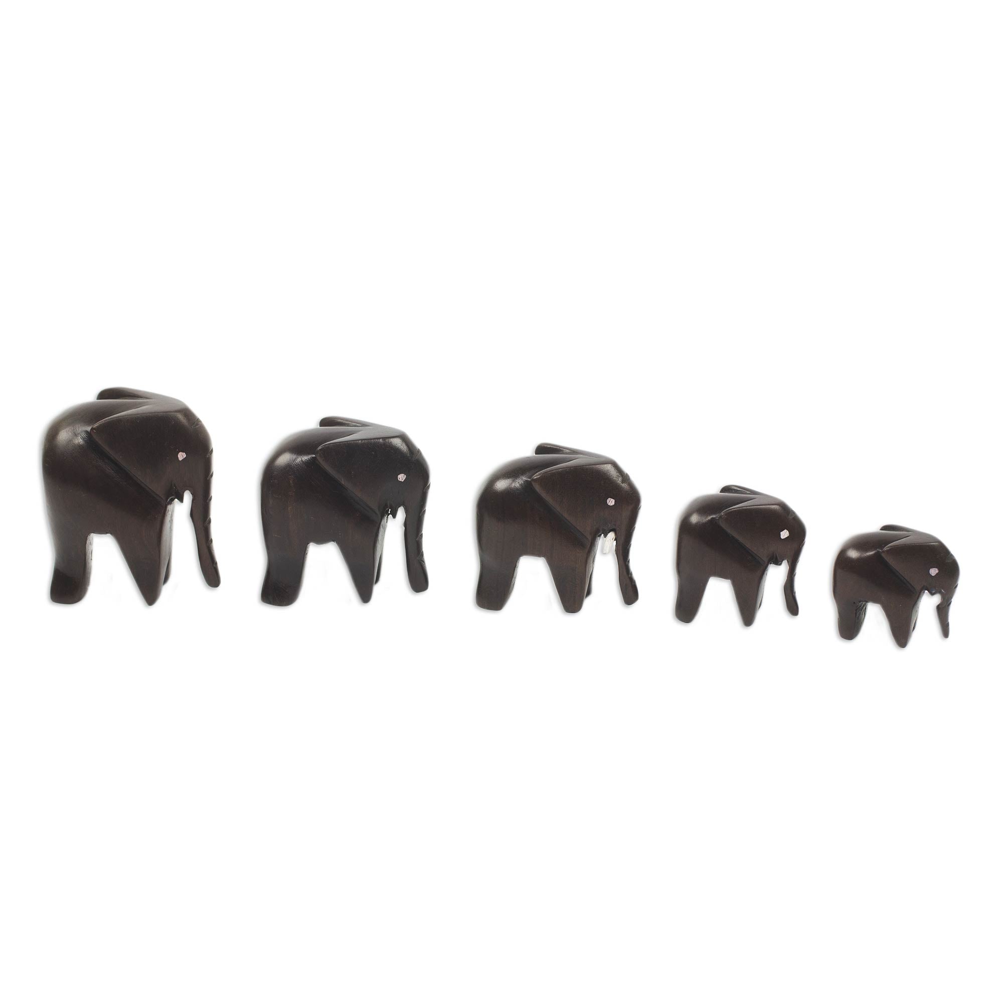 Premium Elephant Family Sculpture Set - Handcrafted Ebony Wood Art (5 Pieces)