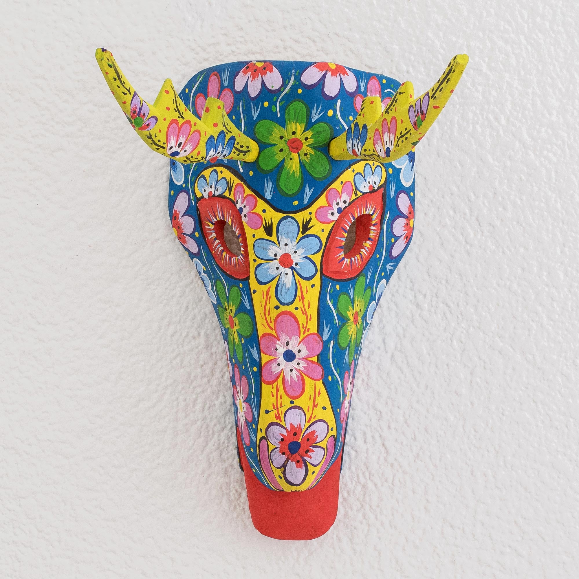 Premium Handcrafted Blue Floral Deer Wall Mask from Guatemala