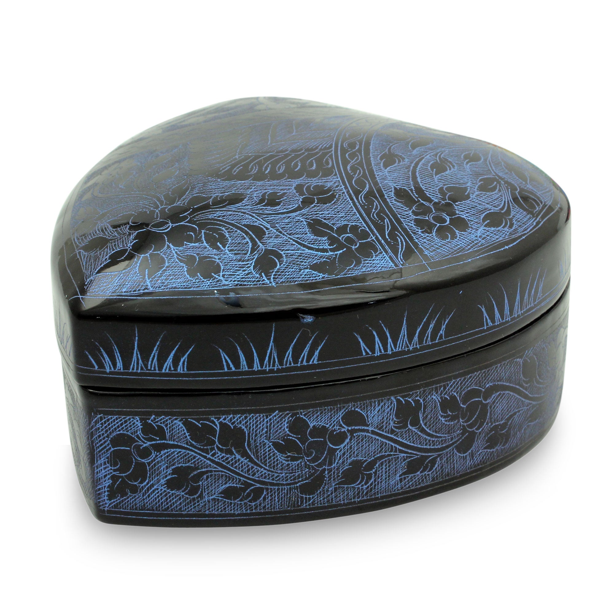 Premium Handcrafted Blue Floral Heart Box - Thai Lacquer Artistry