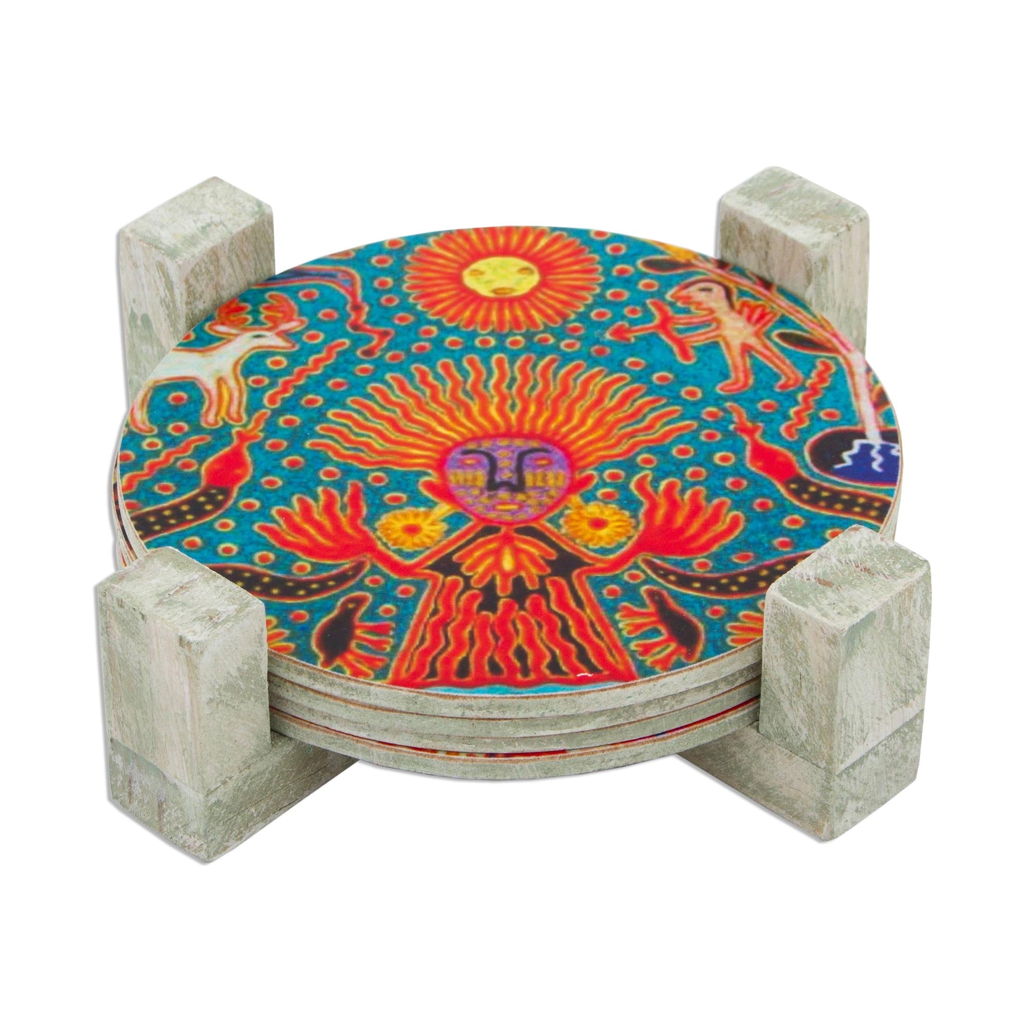 Premium Huichol Multicolored Pinewood Coasters Set with Holder