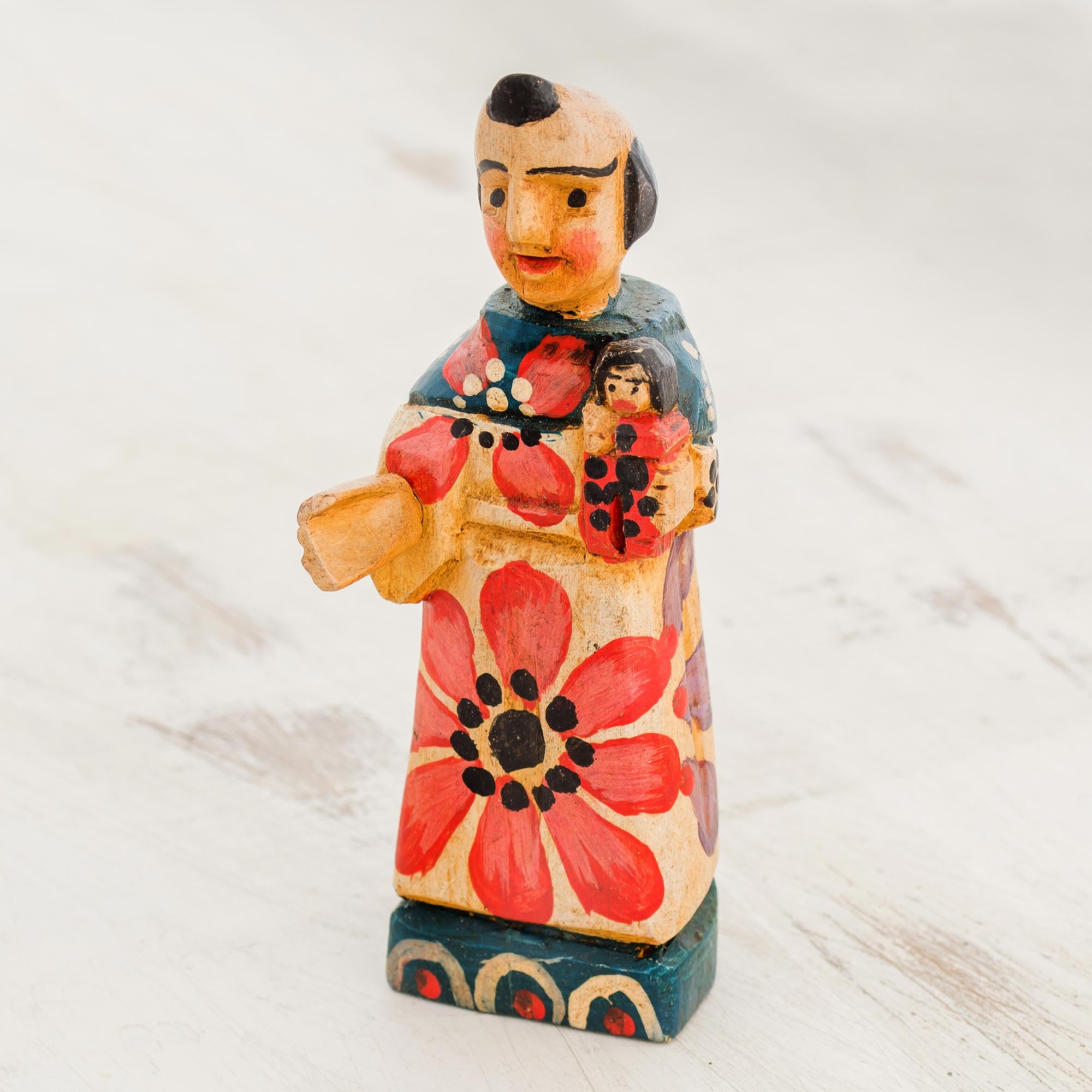 Premium Hand-Painted Saint Anthony Figurine with Baby Jesus – Rustic Pinewood Art from Guatemala