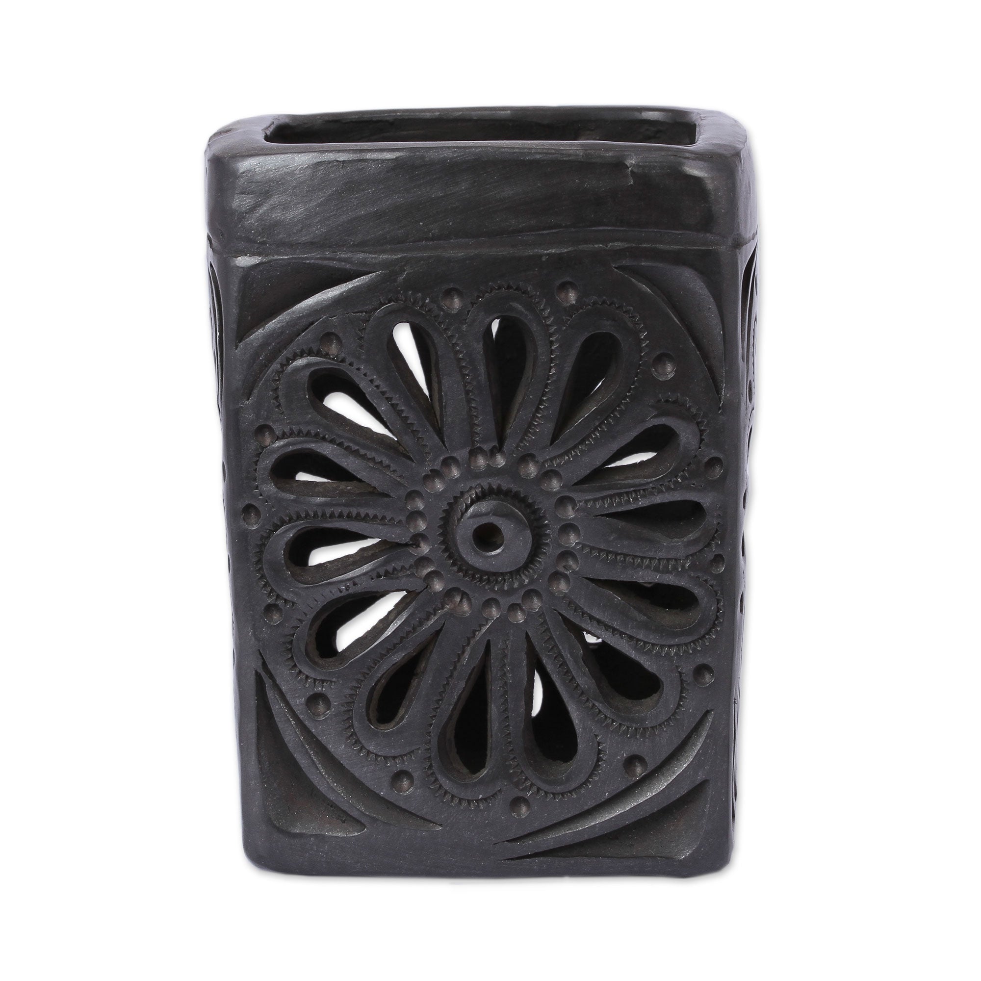 Premium Oaxacan Barro Negro Floral Ceramic Pencil Holder – Handcrafted Artisan Design