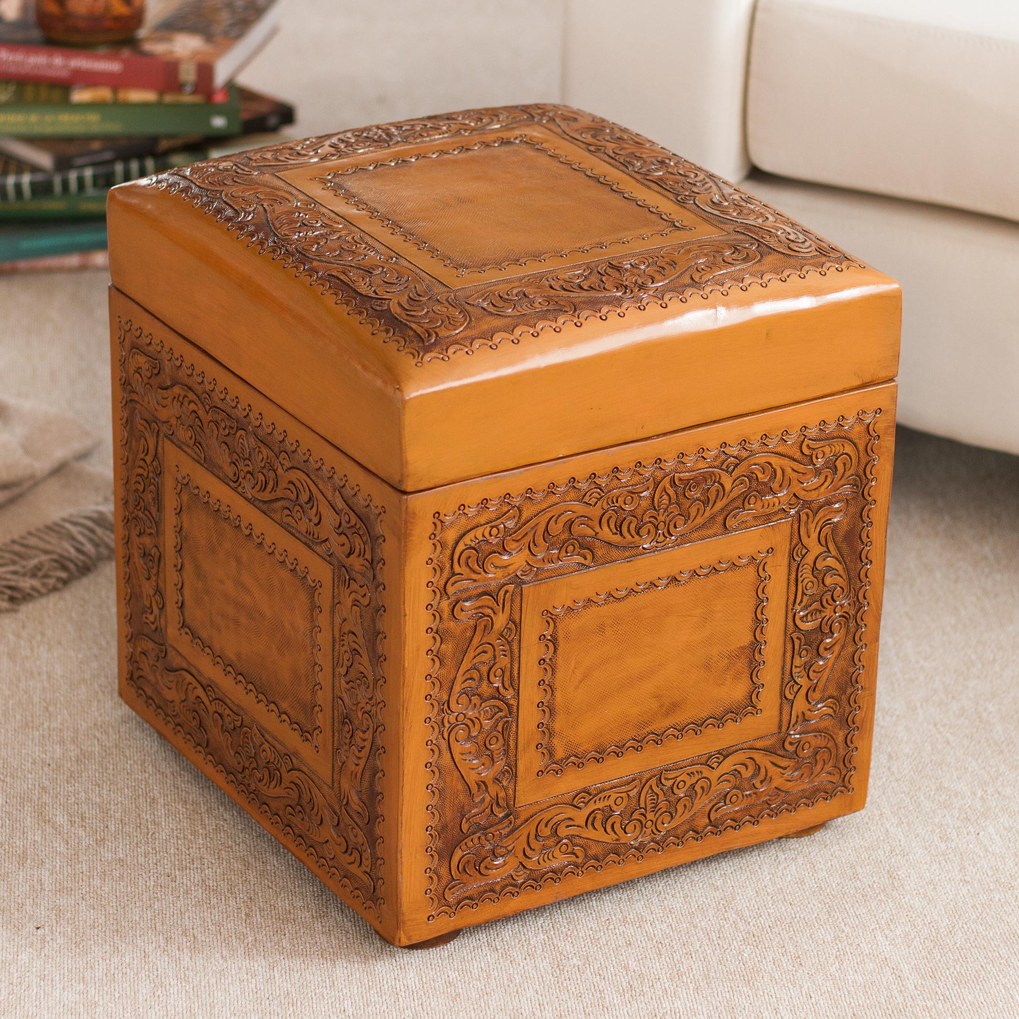 Premium Golden Colonial Ivy Leather Storage Ottoman