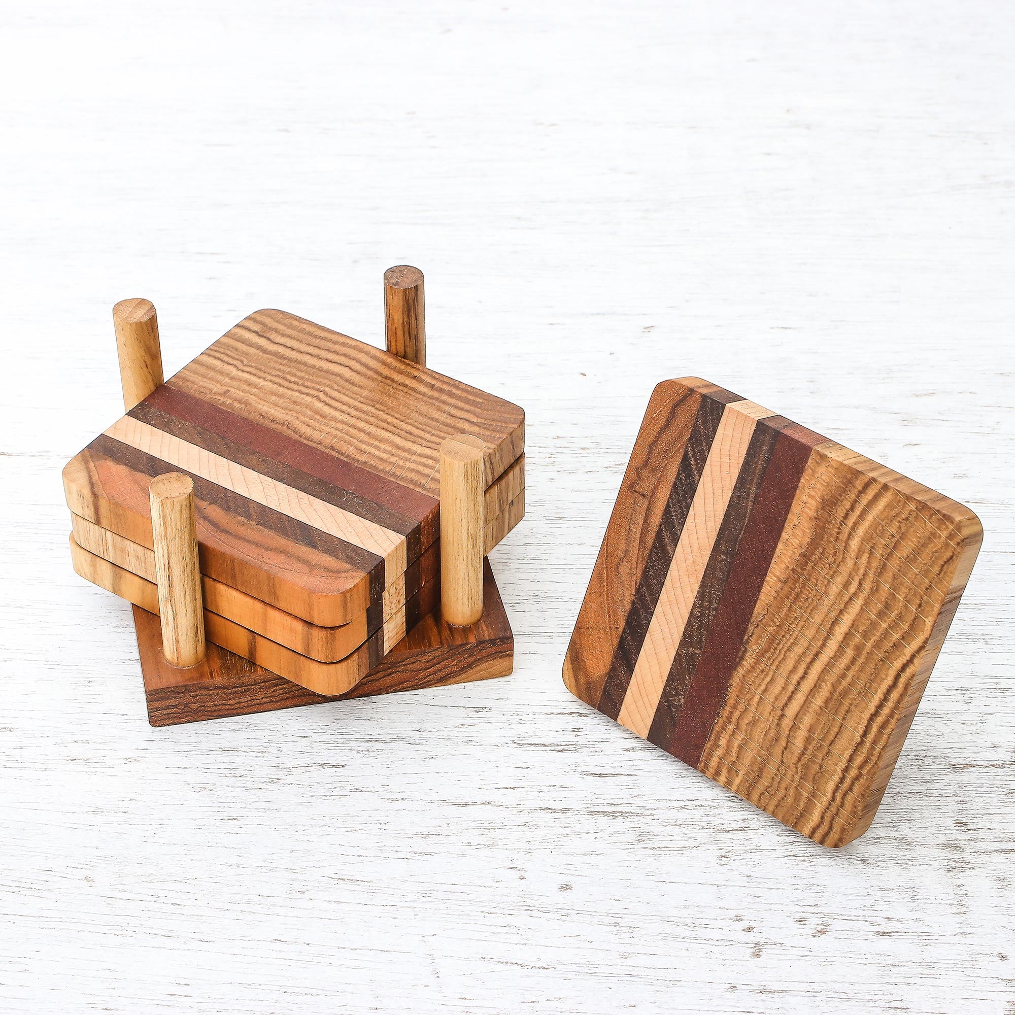 Premium Handcrafted Striped Wood Coasters Set of 4 - Natural Thai Design