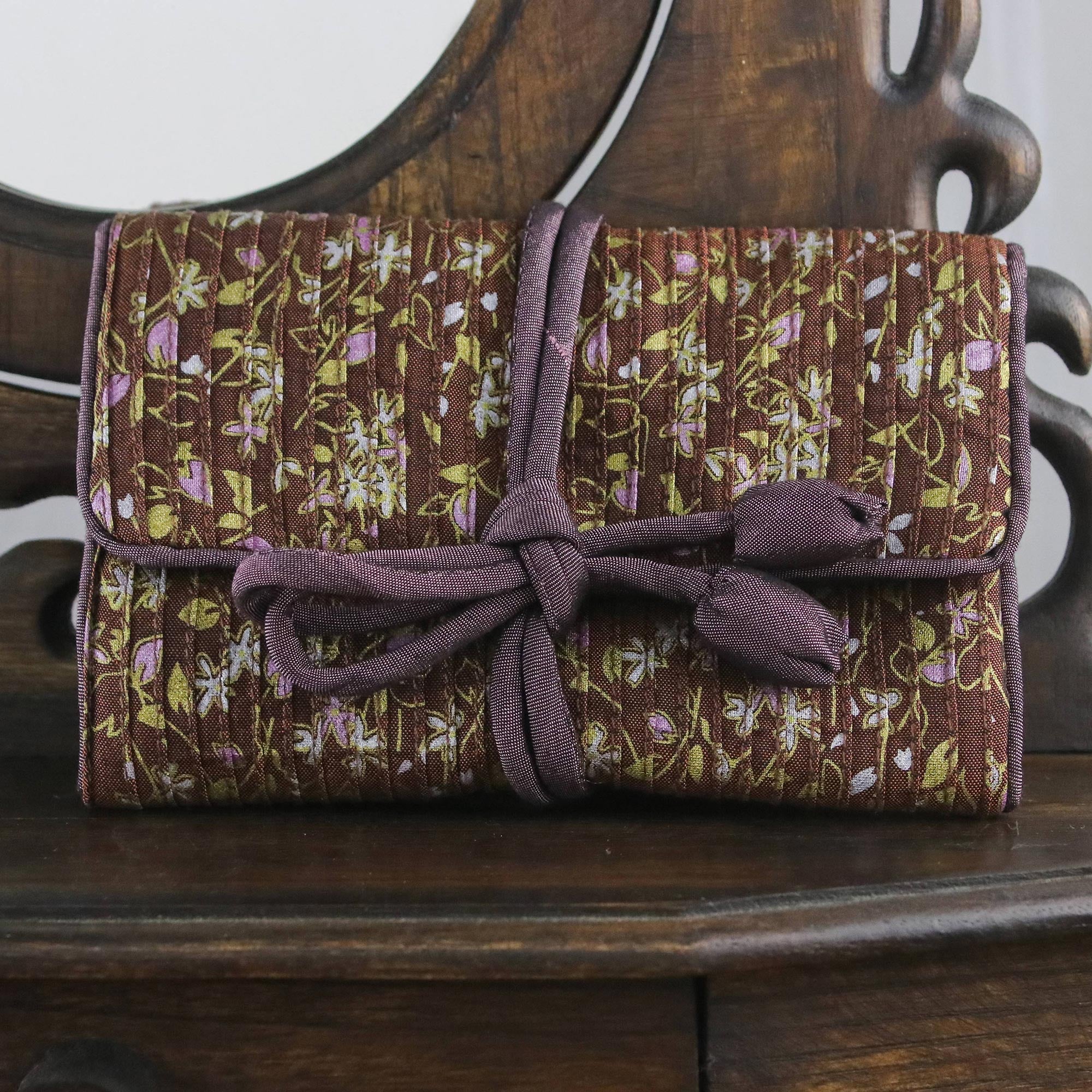 Premium Vinita Jewelry Roll - Rayon & Silk Blend, Floral Garden Design