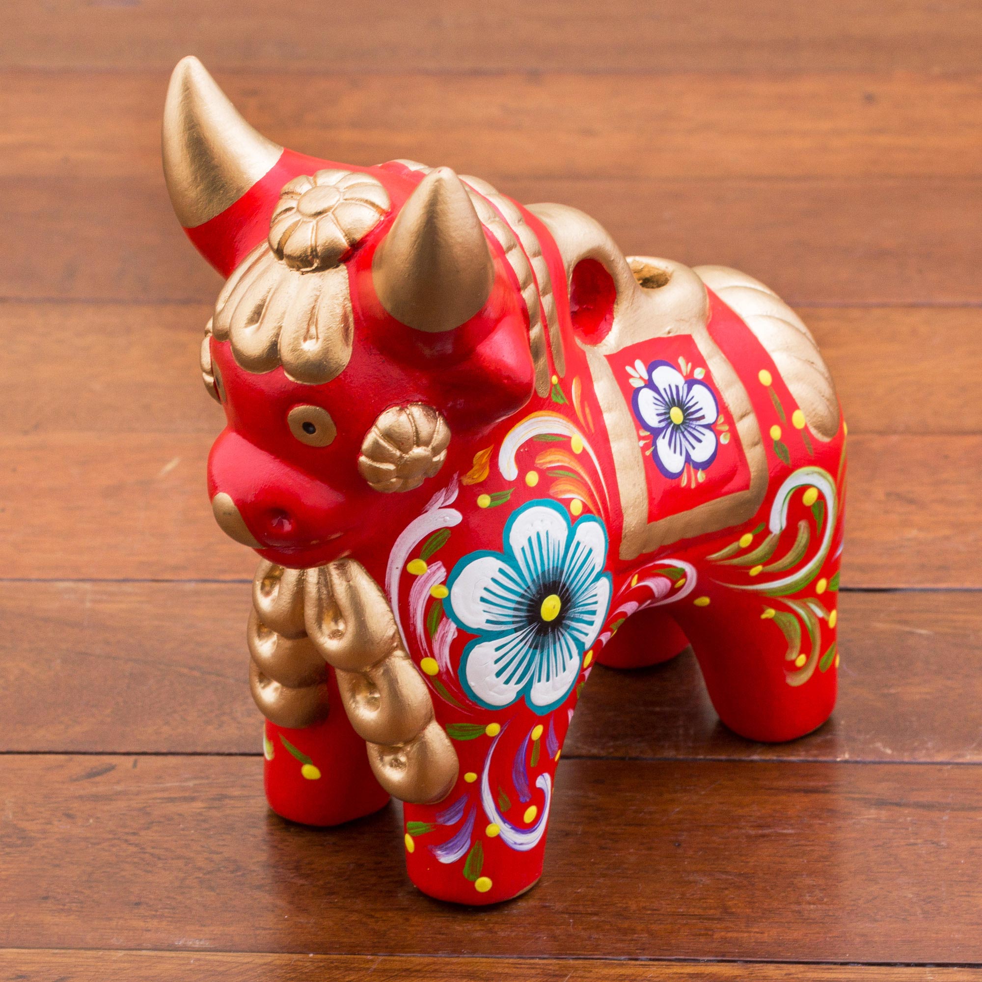 Premium Hand-Painted Red Pucara Bull Folk Art Sculpture