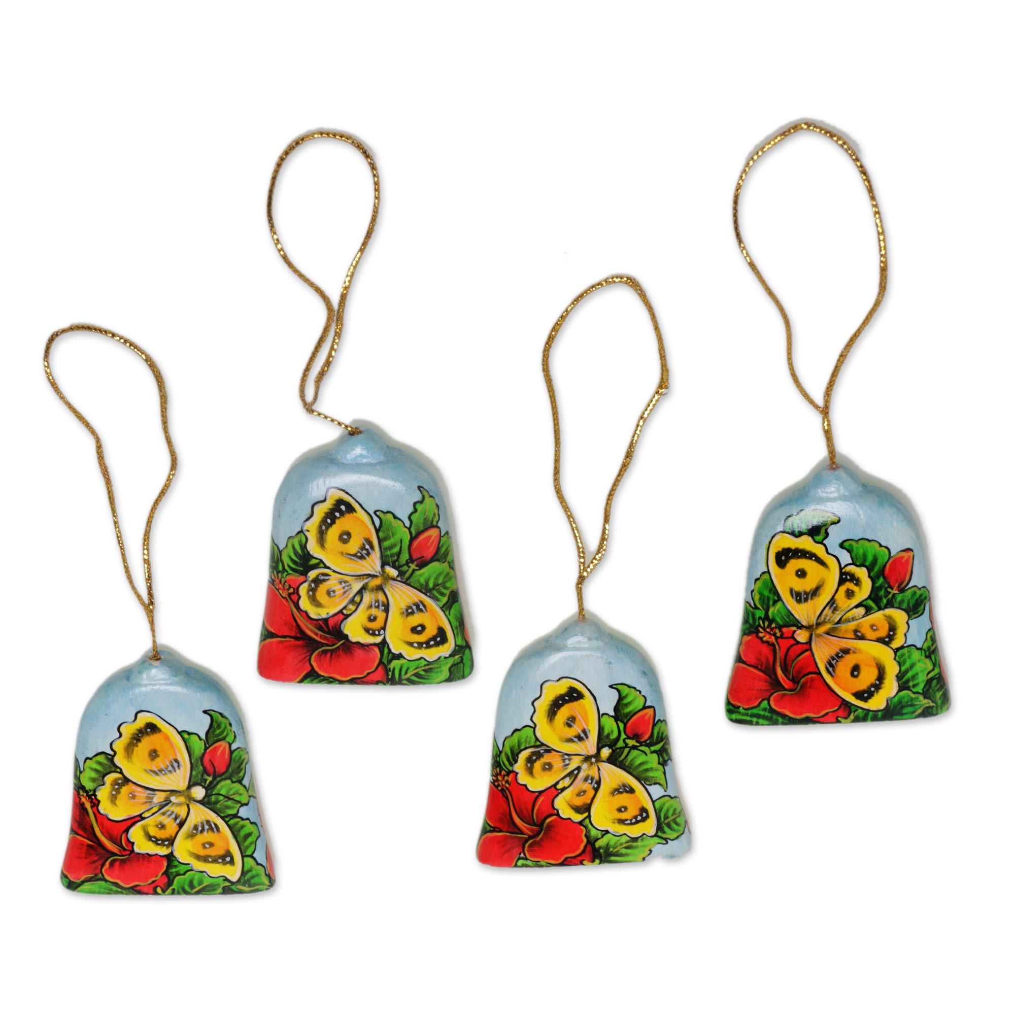 Premium Hand-Painted Bell & Butterfly Ornaments - Set of 4