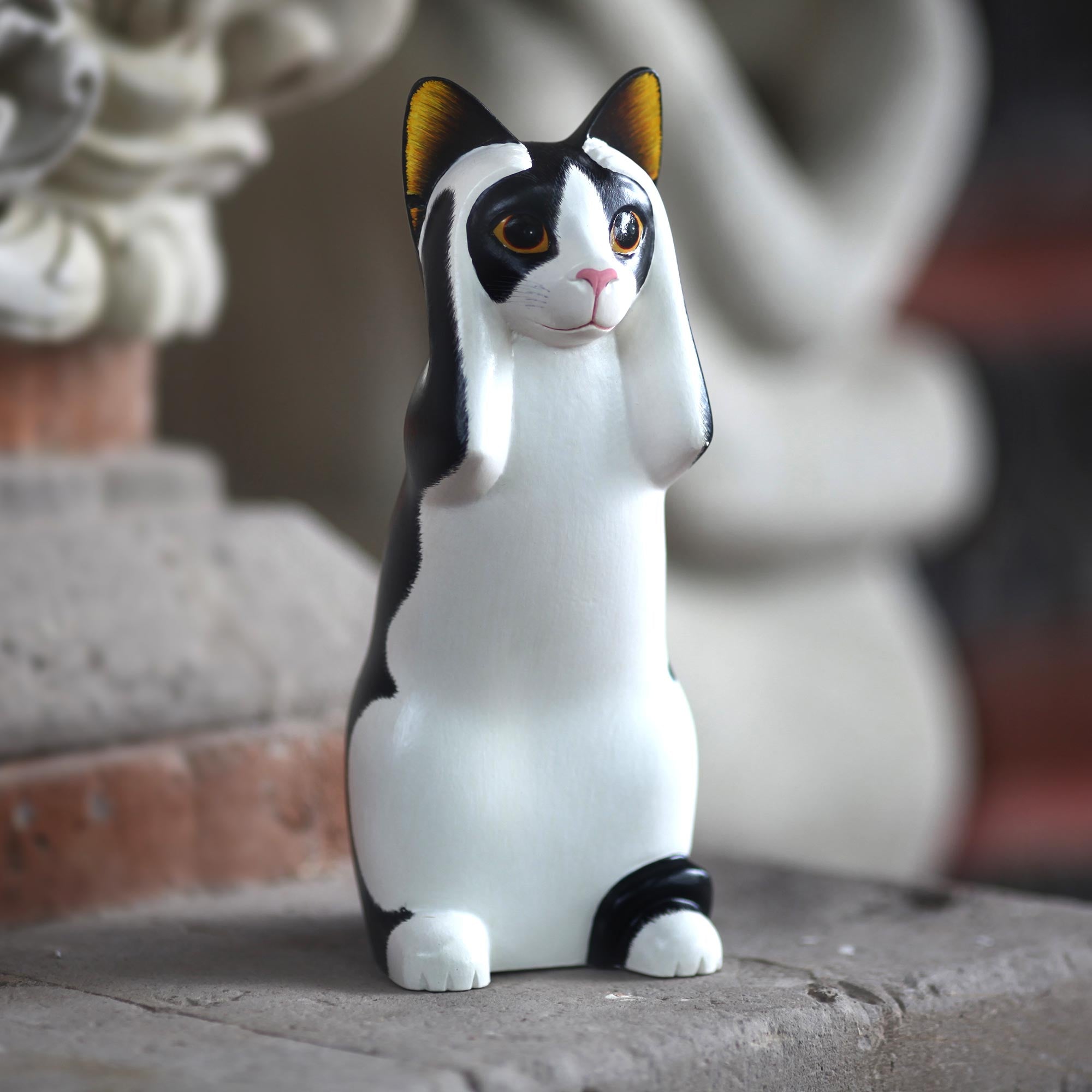 Premium Hand-Carved Albesia Wood Cat Sculpture - Hear No Evil