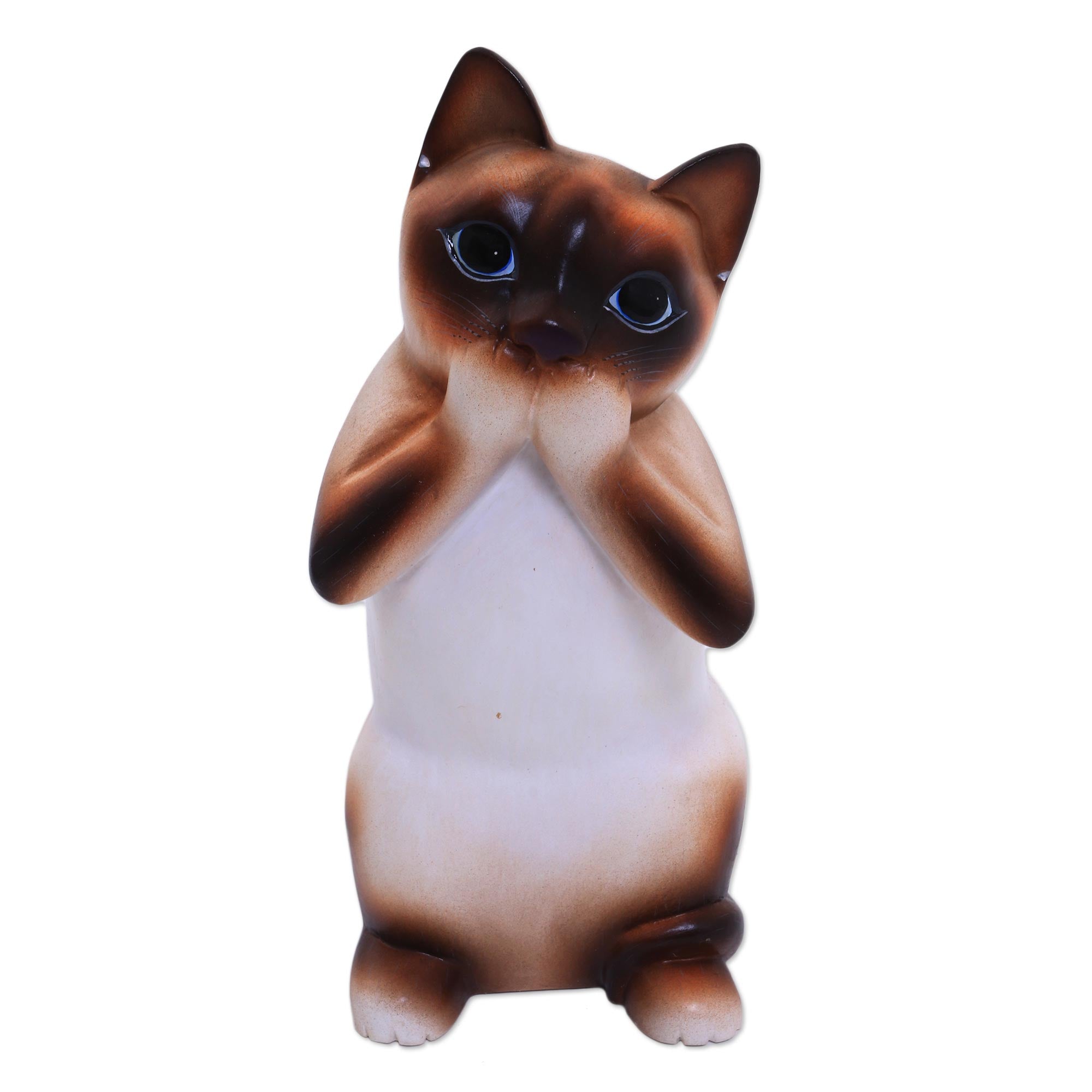 Premium Hand-Carved Siamese Cat Sculpture - Speak No Evil Design
