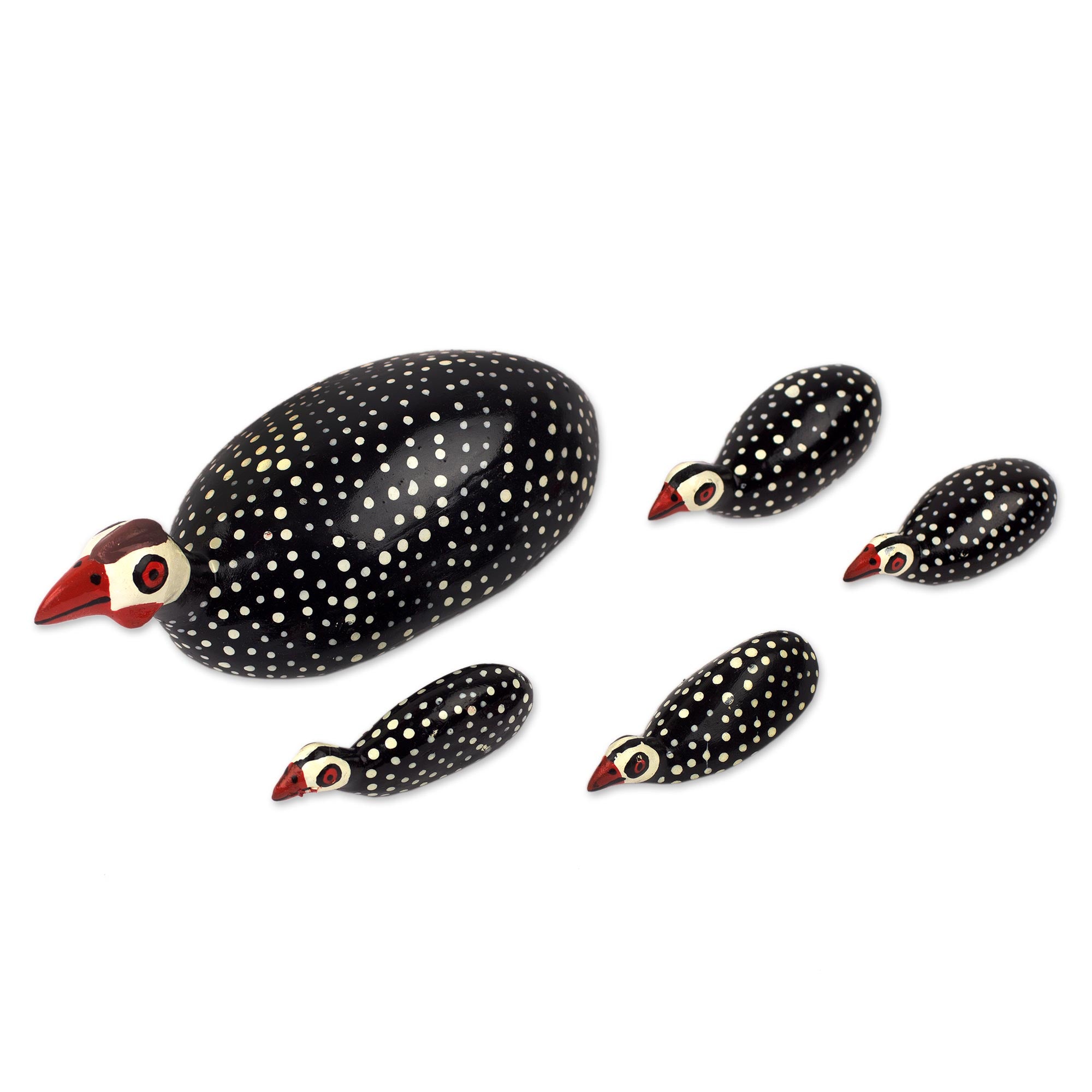 Premium Hand-Carved African Guinea Fowl Sculpture Set of 5