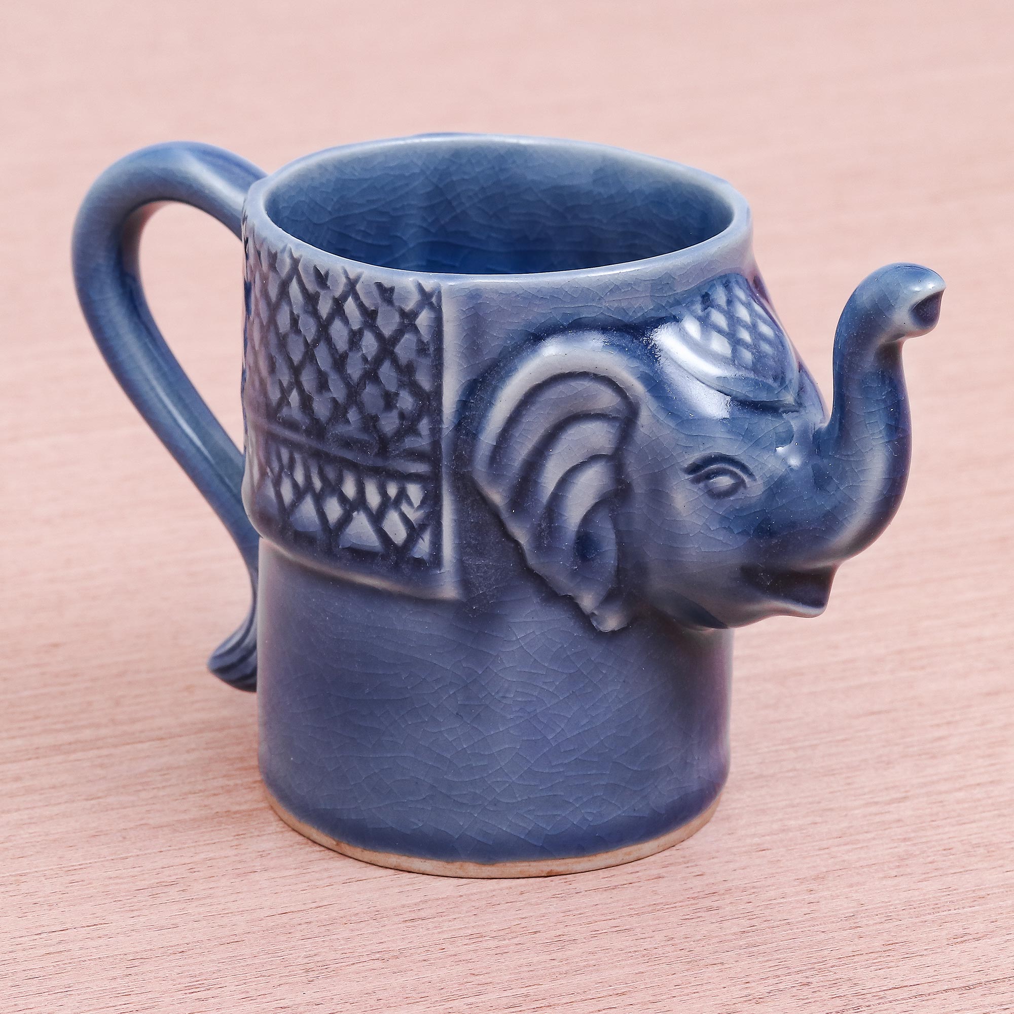 Premium Indigo Blue Celadon Elephant Mug – Handcrafted Ceramic Art