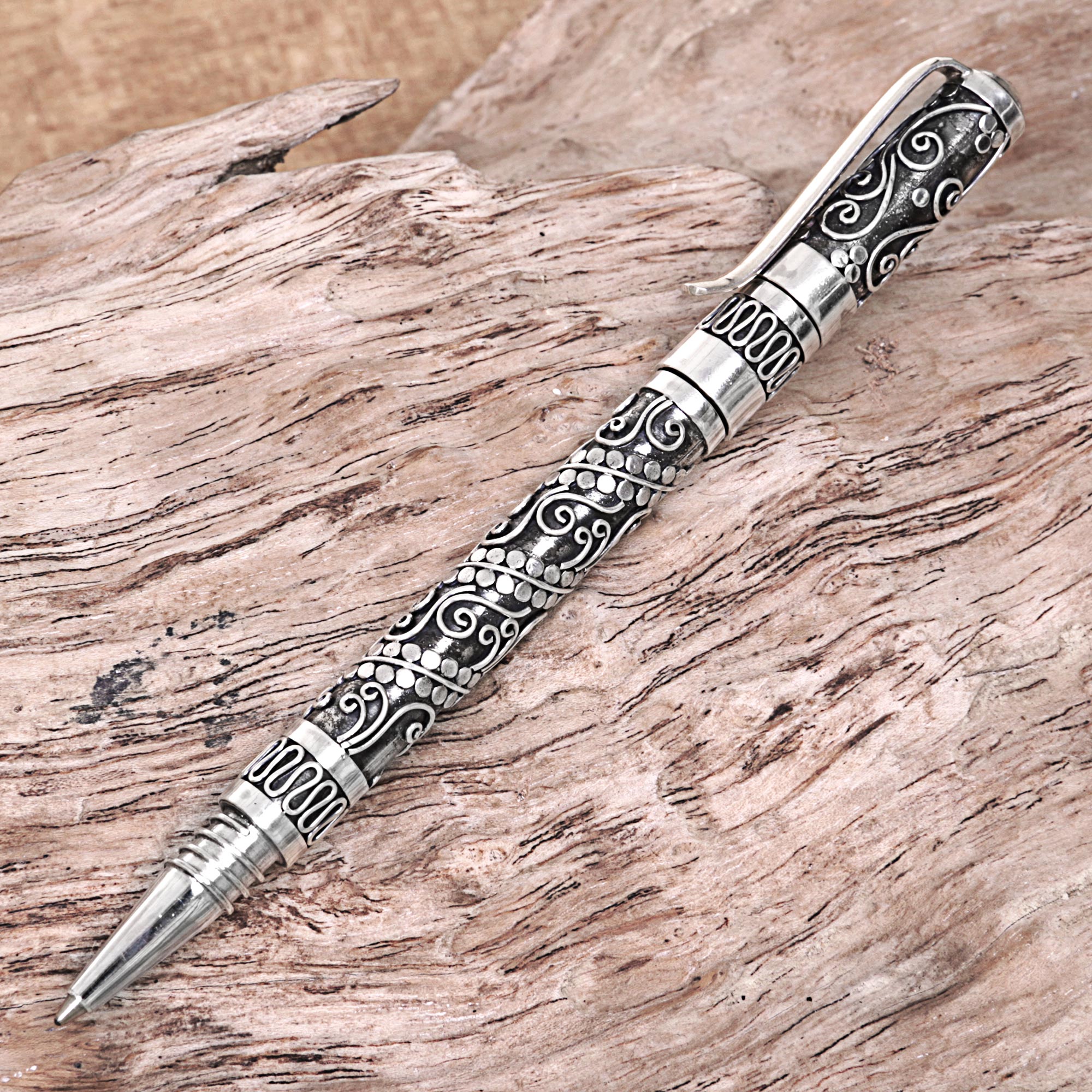 Premium Balinese Swirls Sterling Silver Ballpoint Pen - Handcrafted in Indonesia