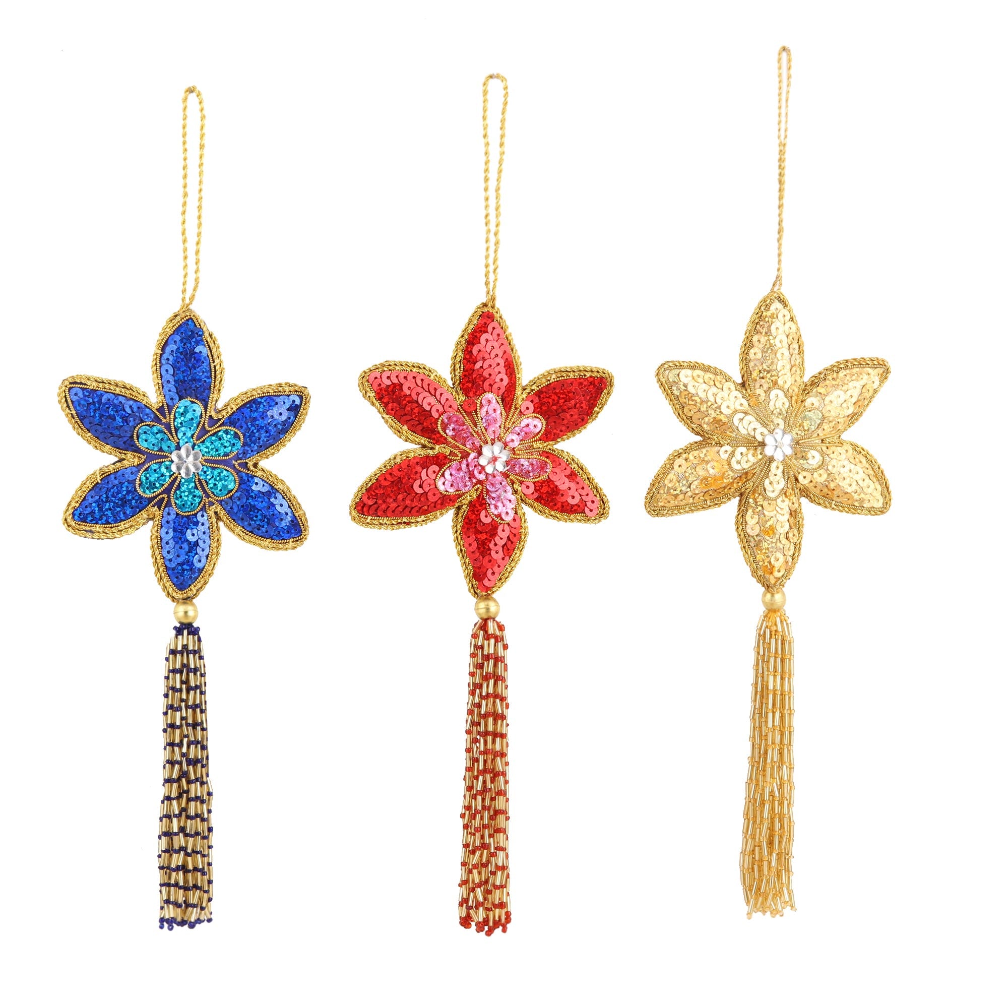 Premium Handmade Poinsettia Christmas Ornaments Set - Sparkling Sequin & Beaded Design (Pack of 3)
