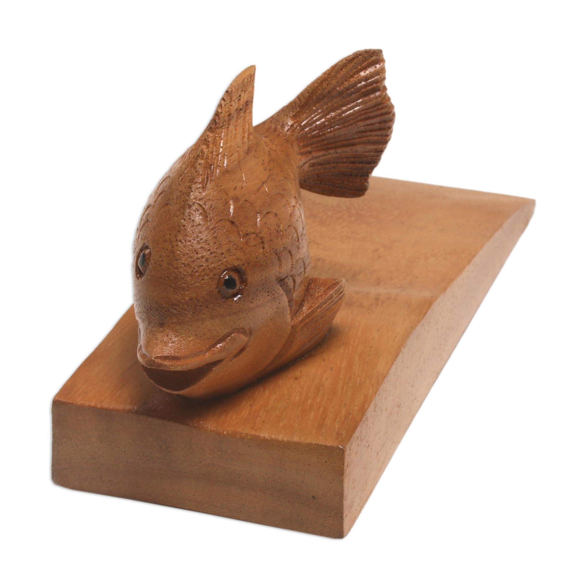Premium Handcrafted Suar Wood Goldfish Doorstop from Bali - Natural Brown Finish