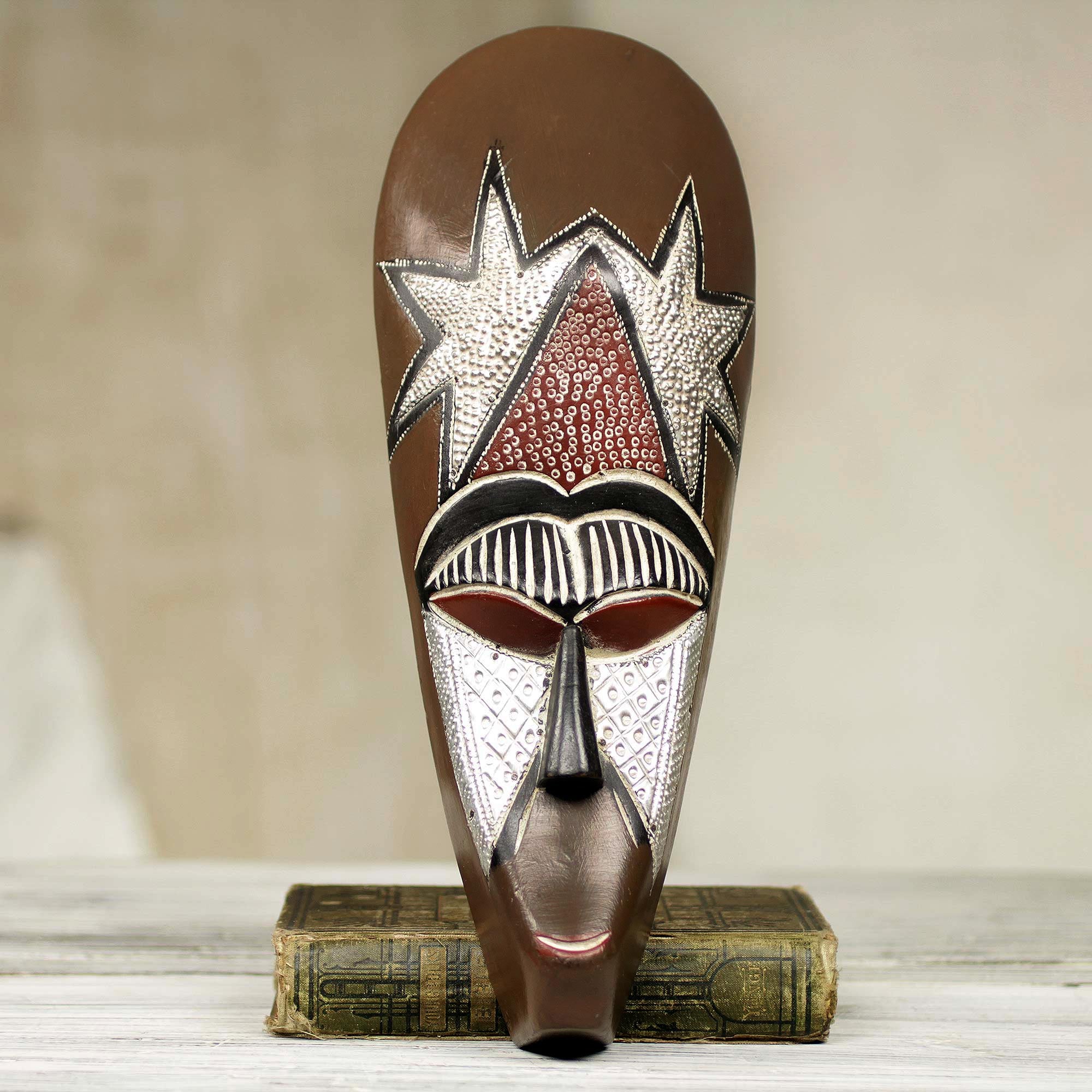 Premium Hand-Carved African Star Mask with Aluminum Accents