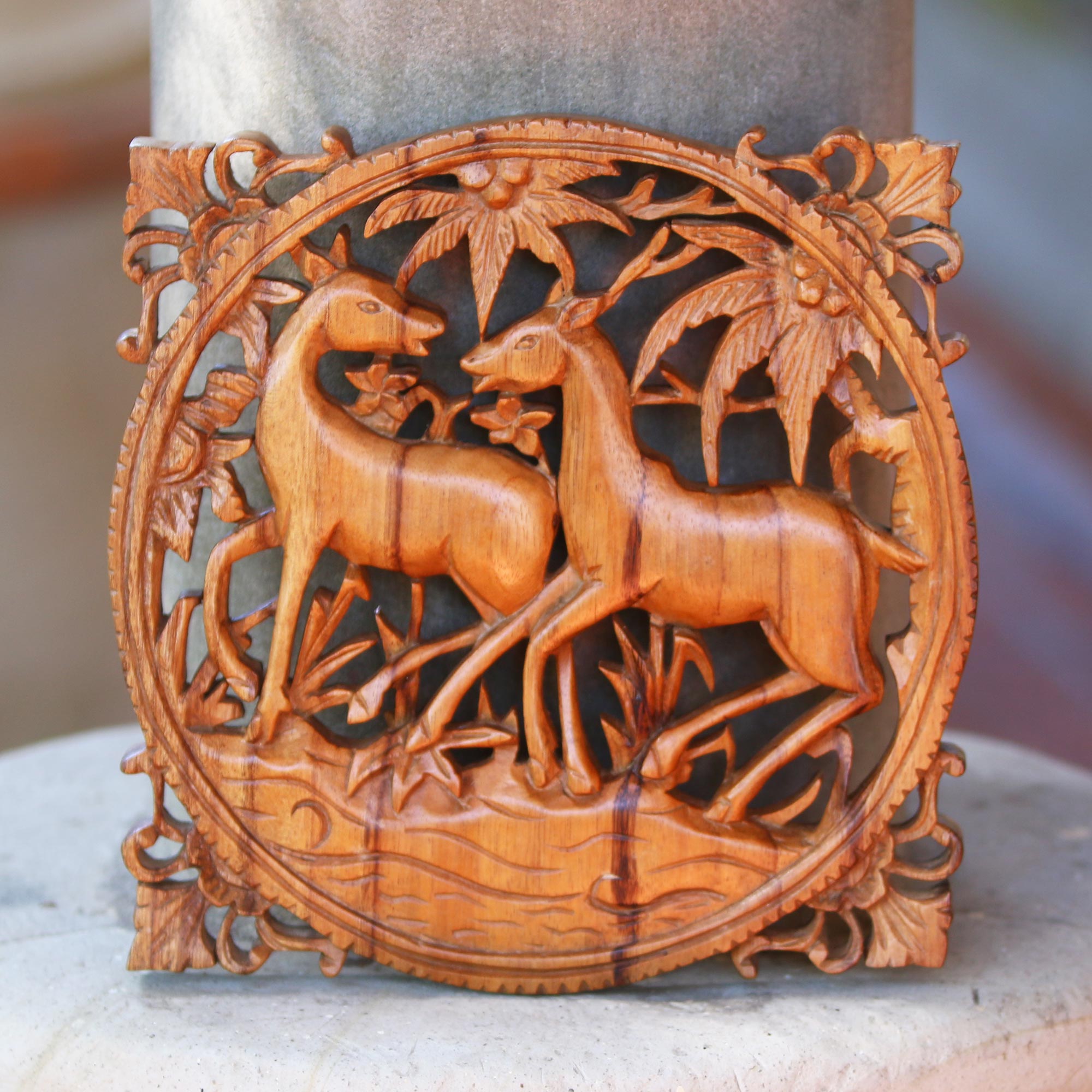 Premium Deer Romance Hand-Carved Suar Wood Relief Panel - Bali Artisan Wall Decor