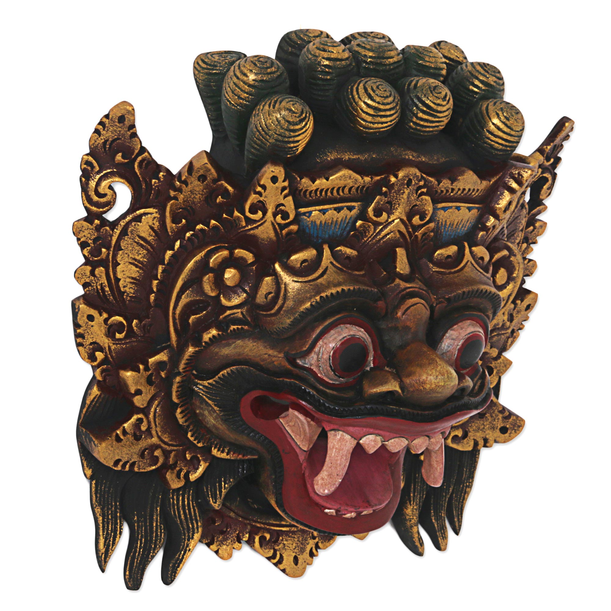 Premium Hand-Carved Barong Lion Mask in Gold - Authentic Indonesian Wall Art