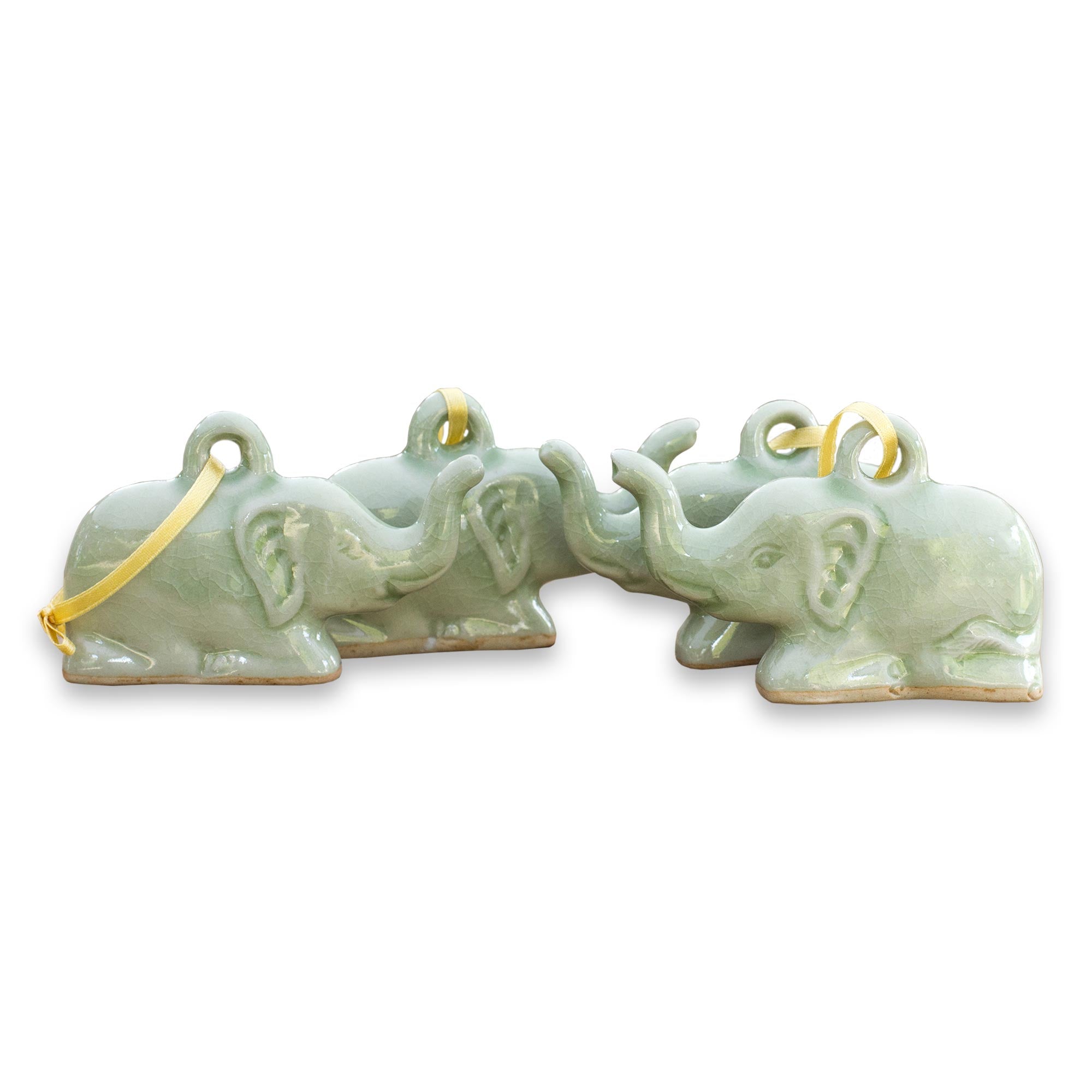 Premium Fair Trade Celadon Ceramic Elephant Ornaments - Set of 4, Green Holiday Decor