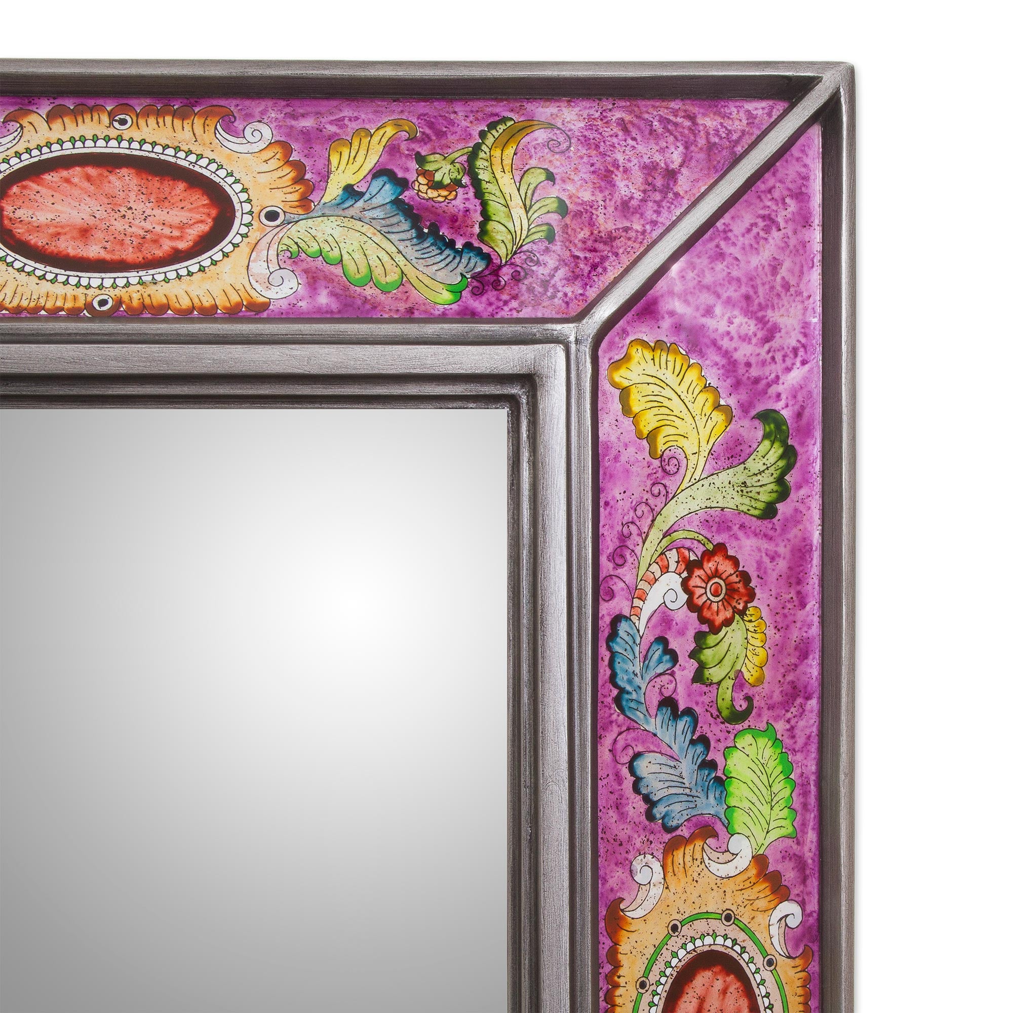 Premium Floral Medallions Reverse-Painted Glass Wall Mirror – Handcrafted in Peru