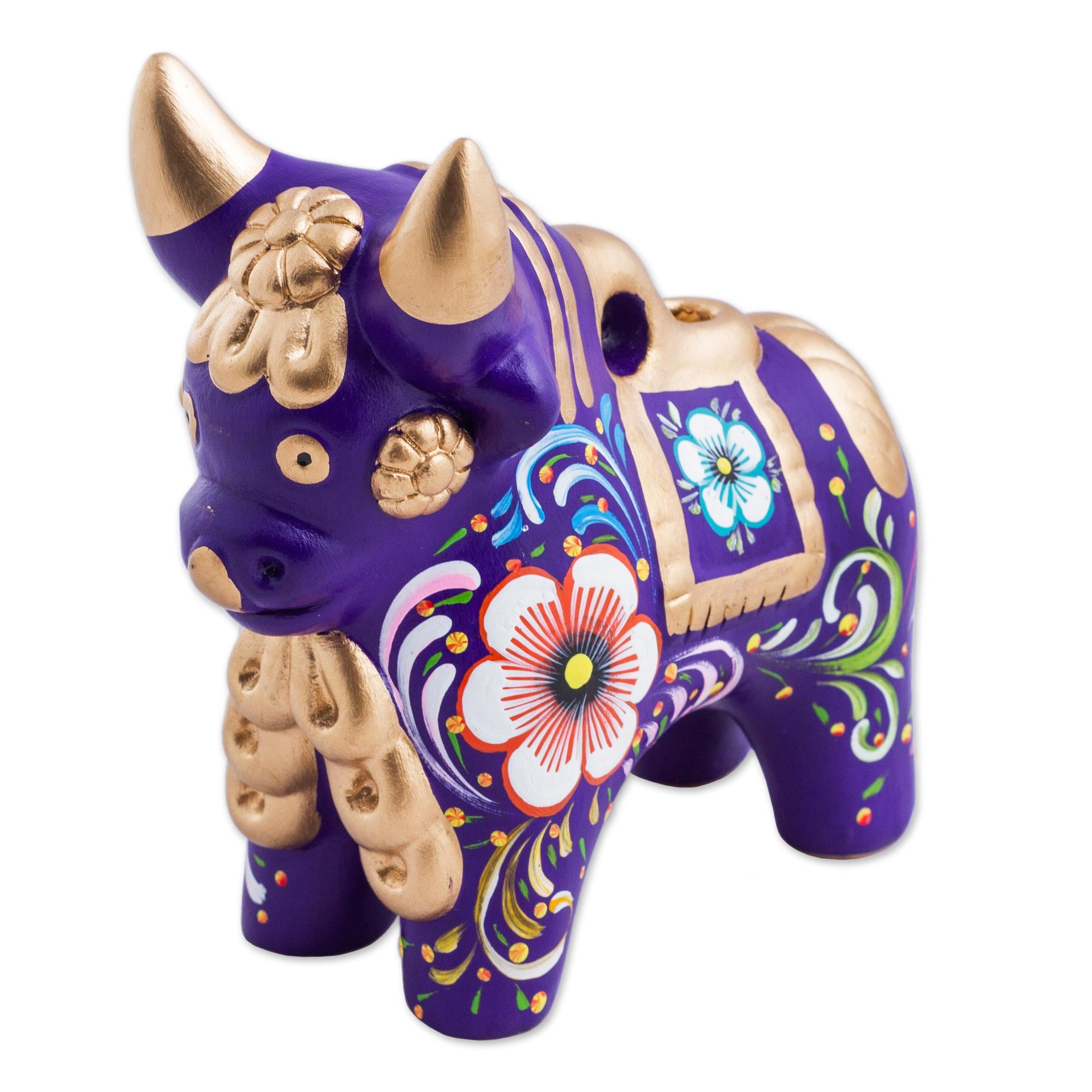 Premium Purple Pucara Bull Ceramic Sculpture - Hand-Painted Floral Art from Peru