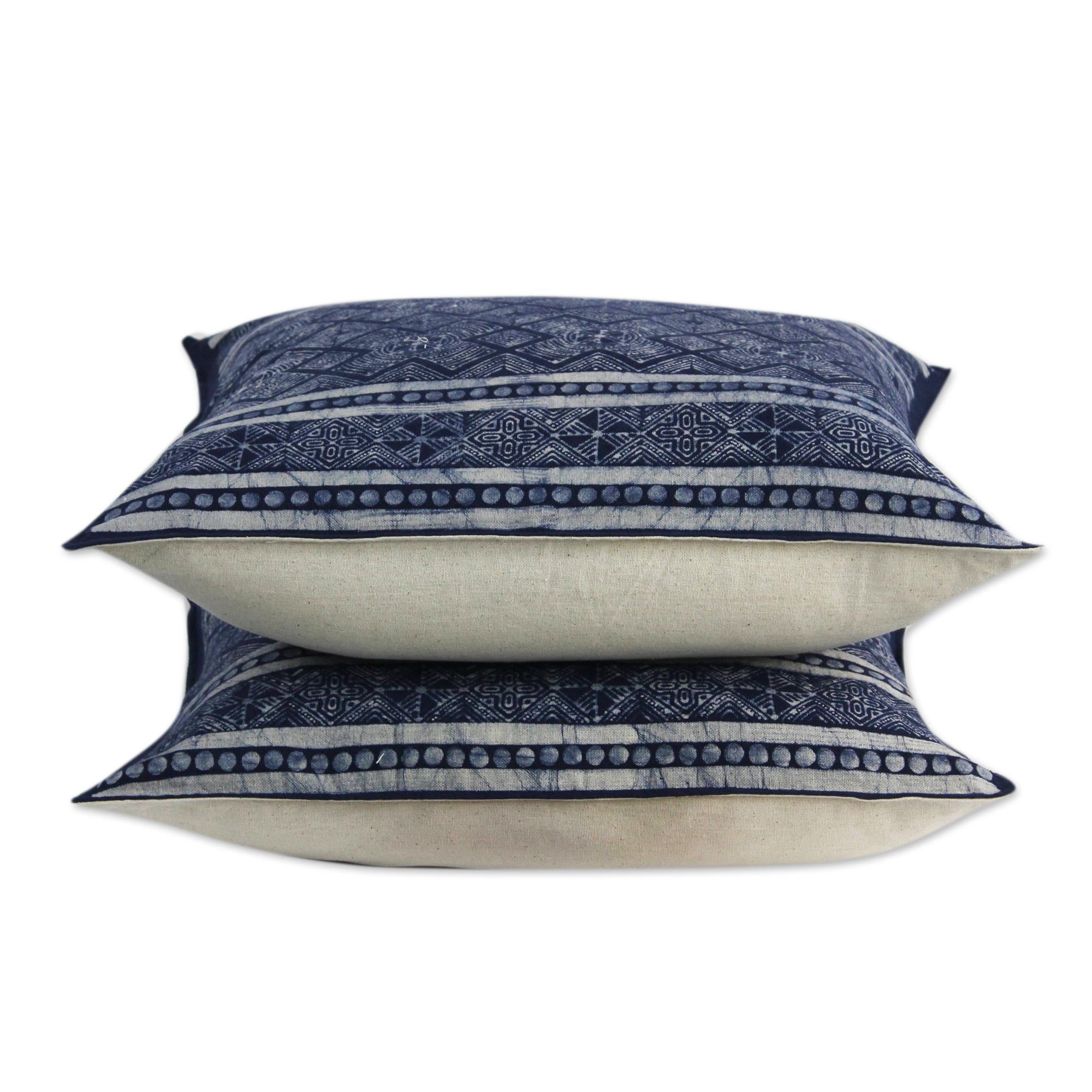 Premium Hmong Energy Thai Artisan Blue Batik Cotton Pillow Covers (Pair) - Handcrafted Home Decor