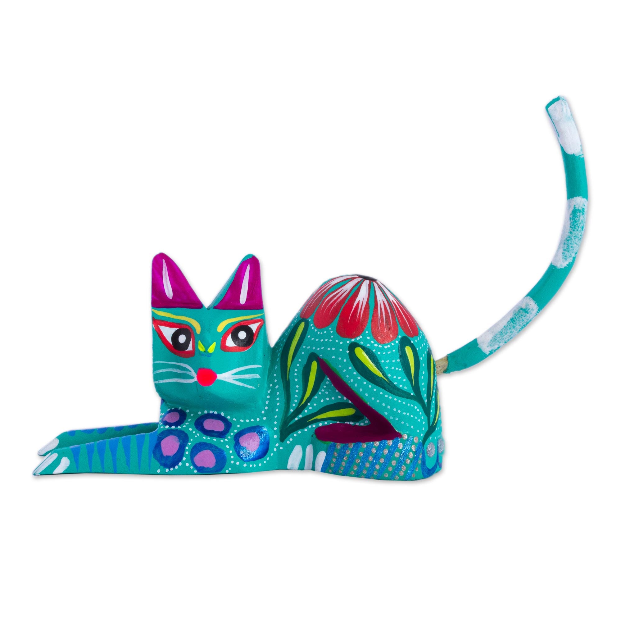 Premium Teal Copal Wood Alebrije Cat Sculpture – Handcrafted Mexican Art