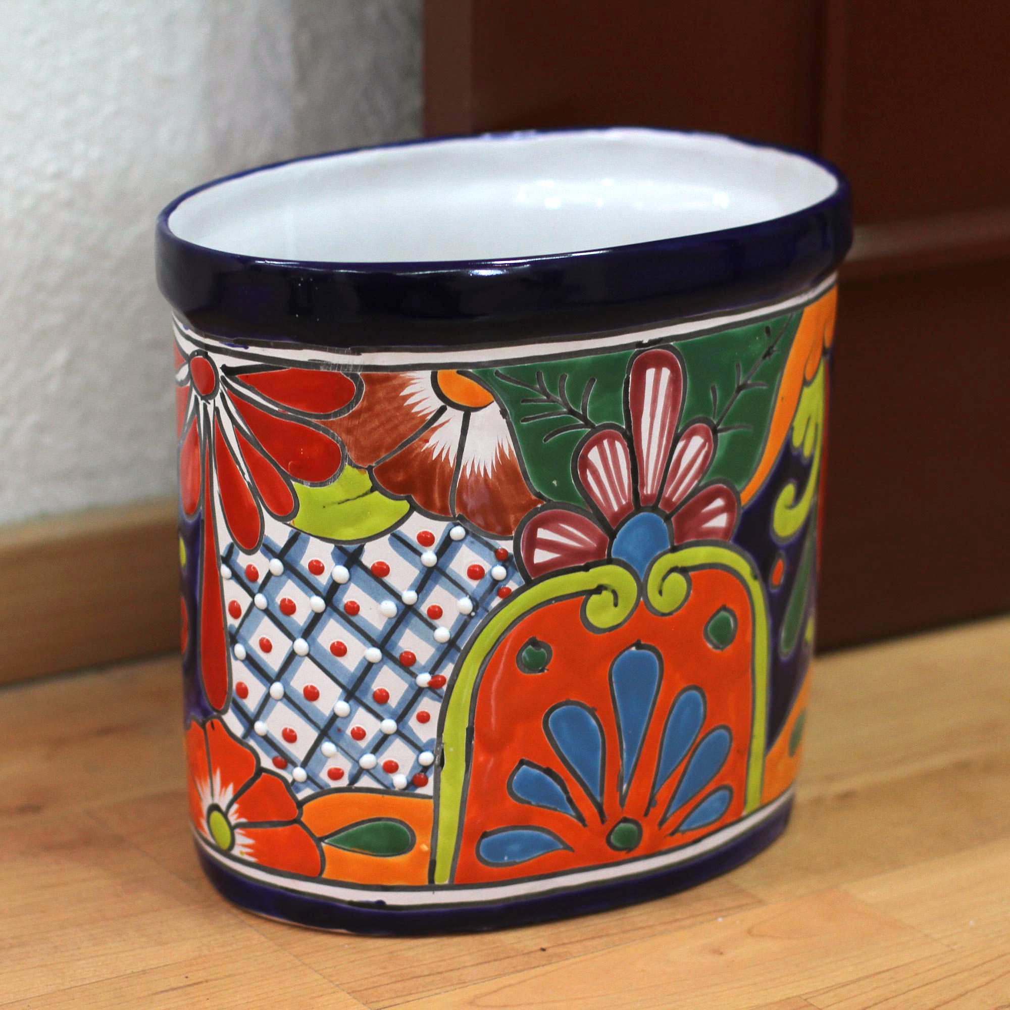 Premium Talavera Floral Ceramic Waste Bin - Handcrafted in Mexico