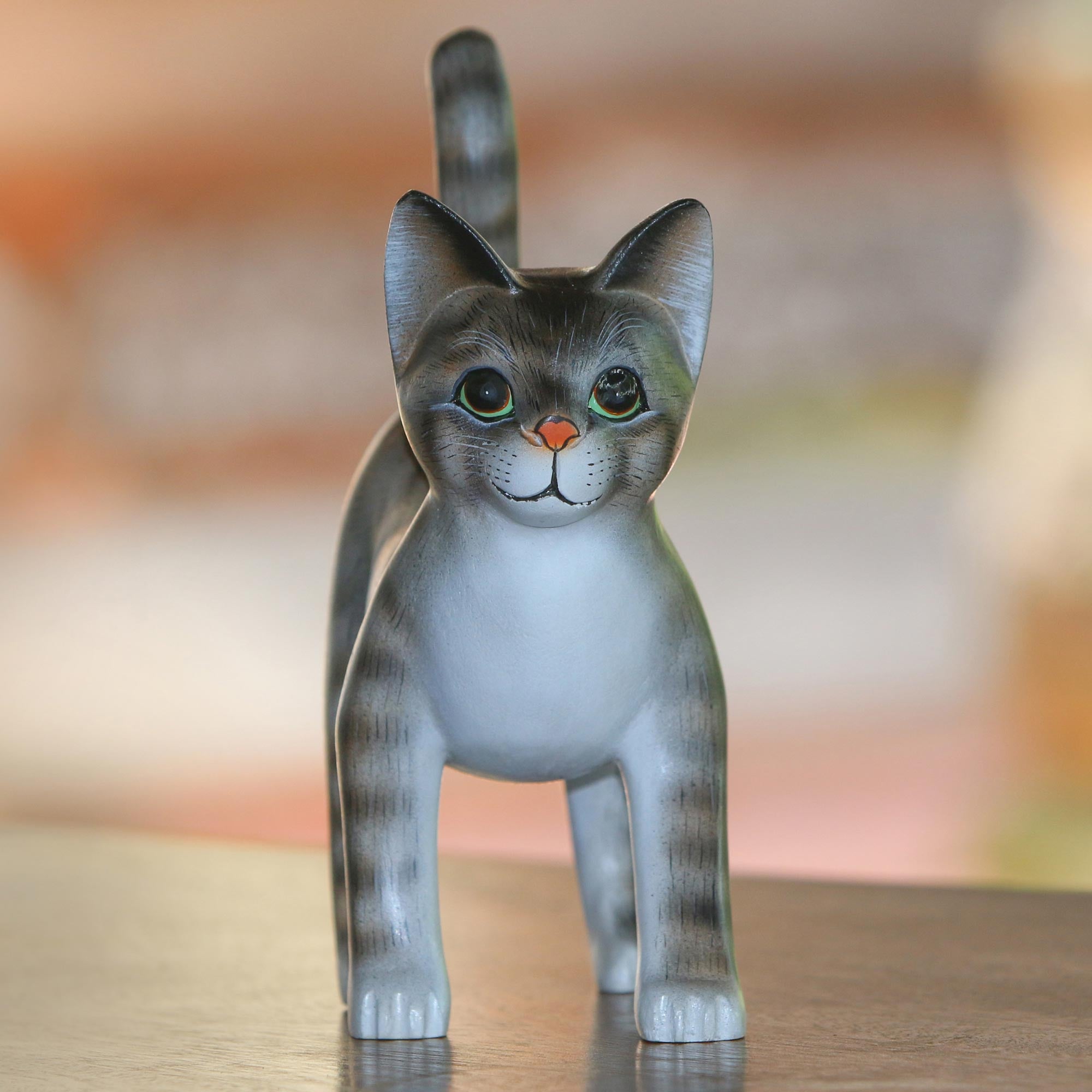Premium Hand-Carved Balinese Kitten Sculpture in Grey & White