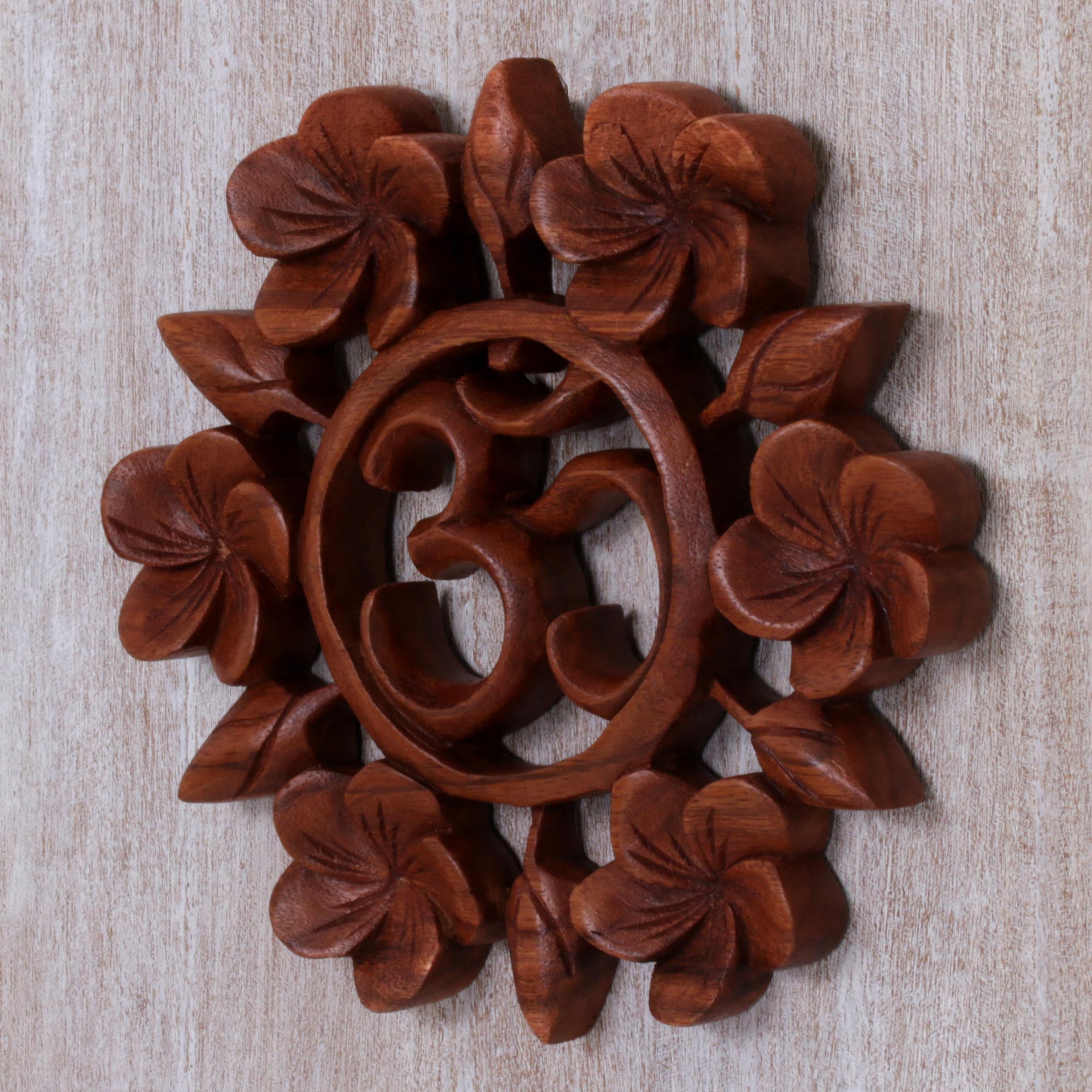 Premium Hand-Carved Suar Wood Om Wall Relief Panel - Indonesian Artisan Craft
