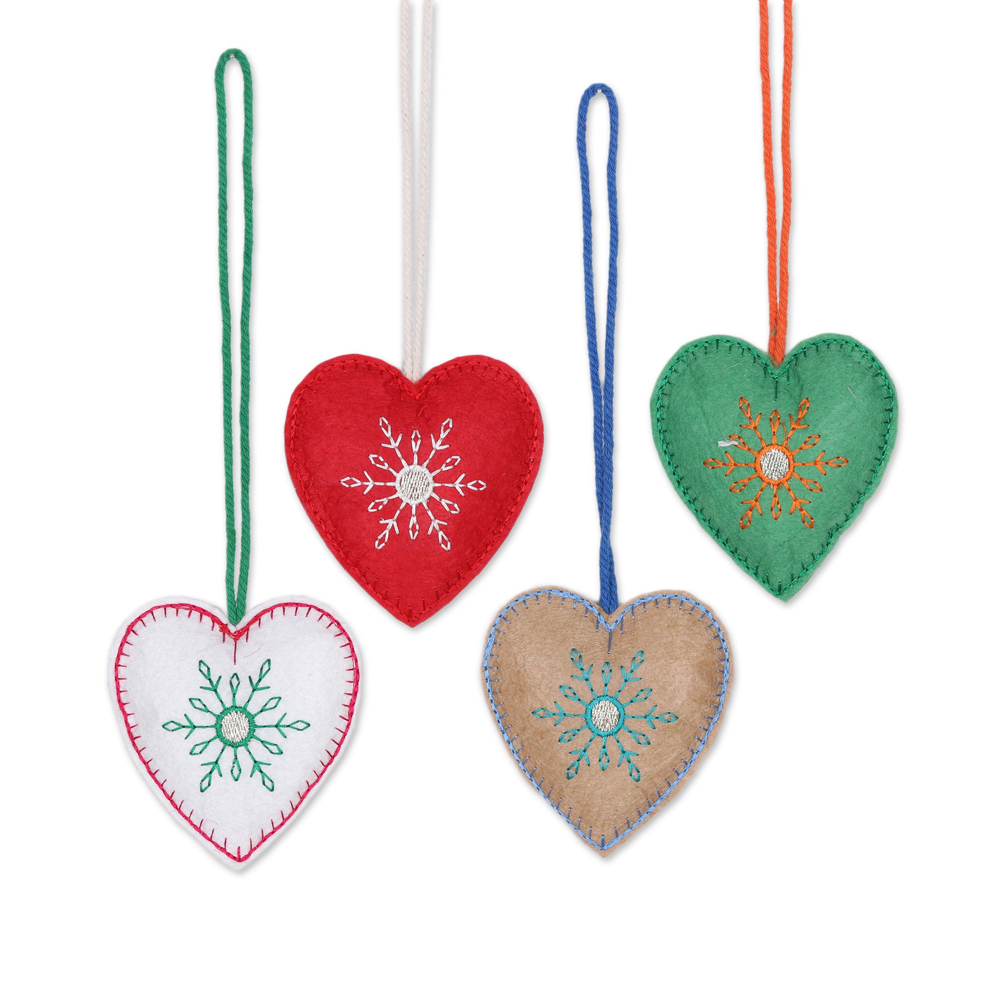 Premium Handcrafted Folk Art Heart Ornaments - Set of 4 Assorted Colors