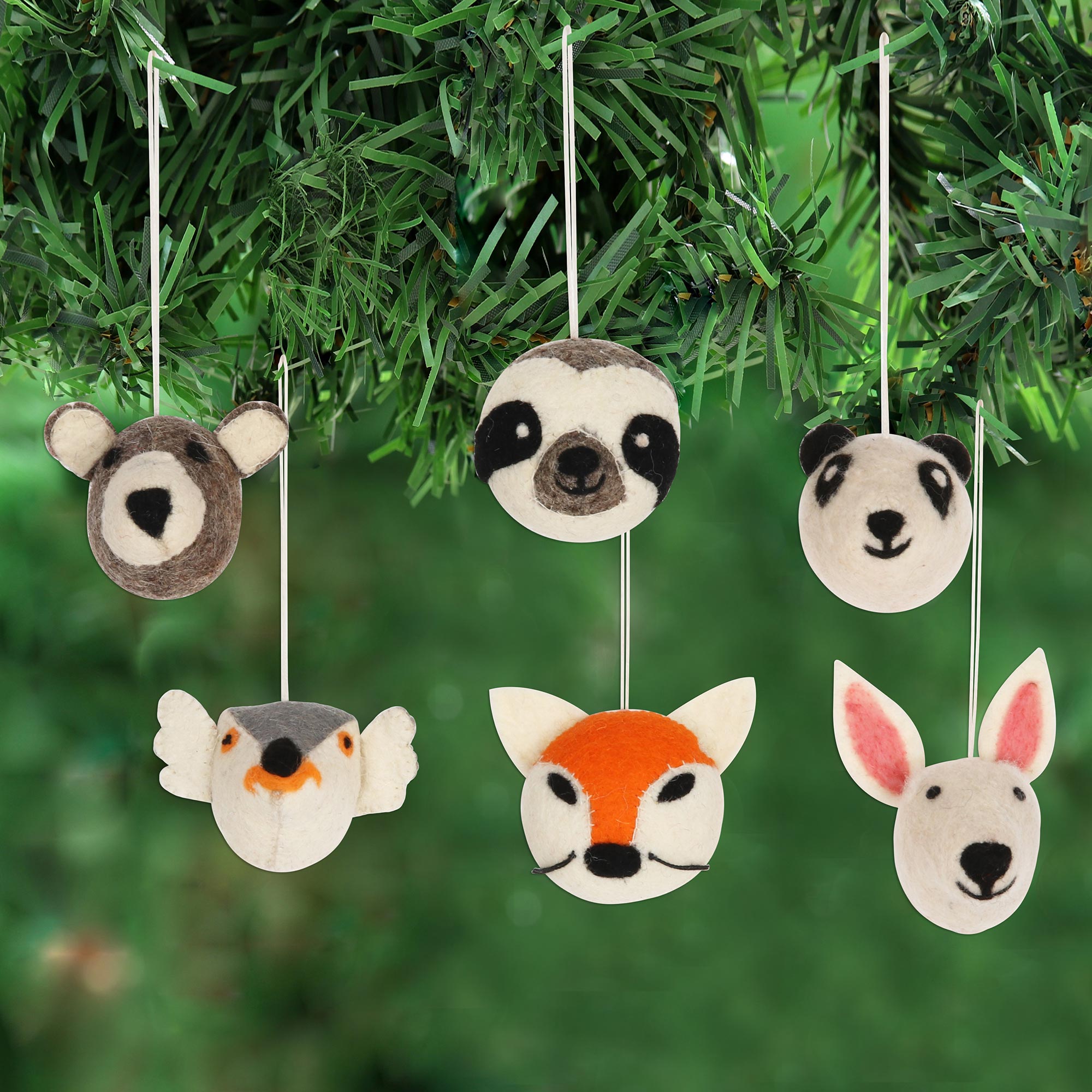 Premium Handcrafted Animal Face Wool Felt Ornaments - Set of 6 (Happy Animals Collection)