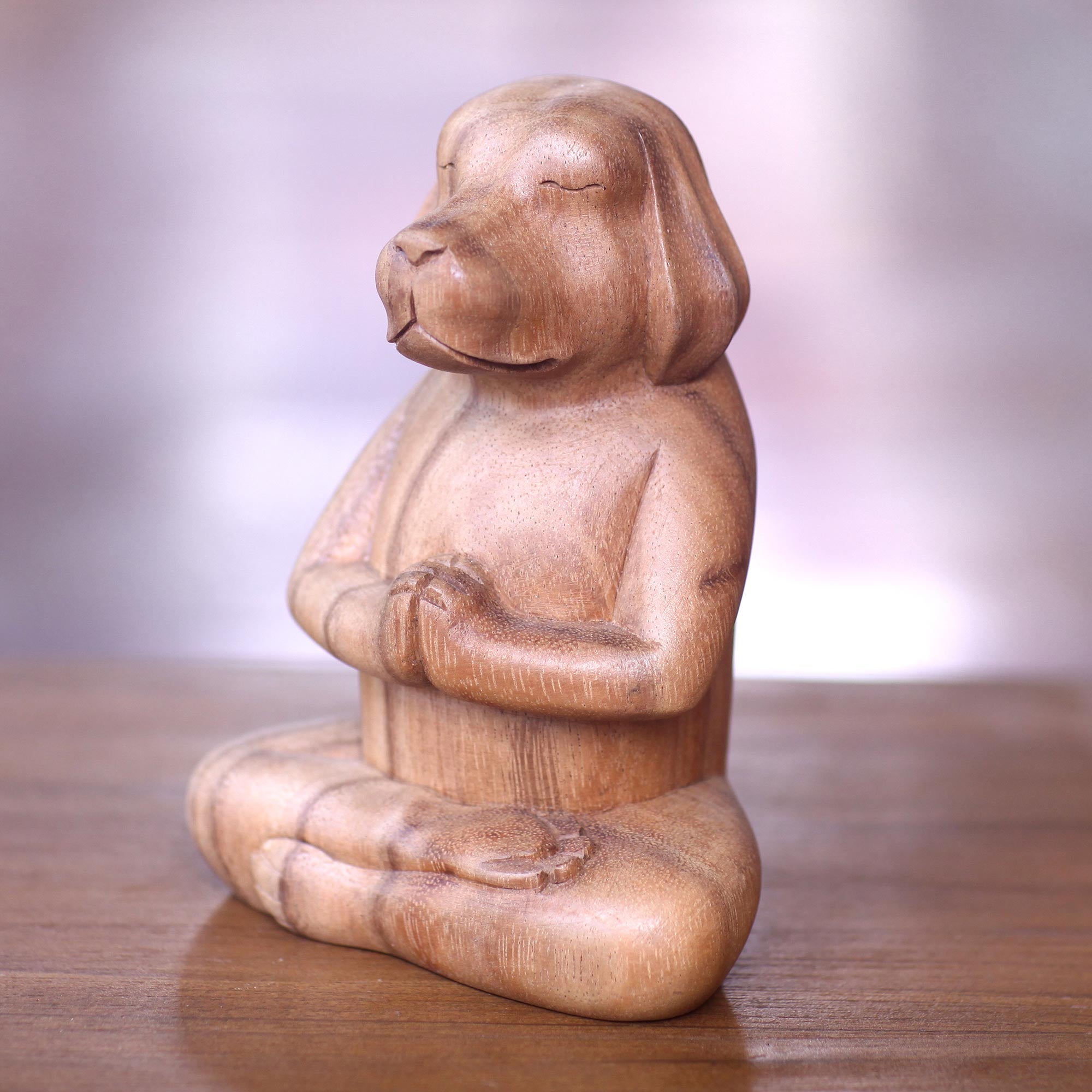 Premium Hand-Carved Suar Wood Puppy Sculpture in Serene Yoga Pose