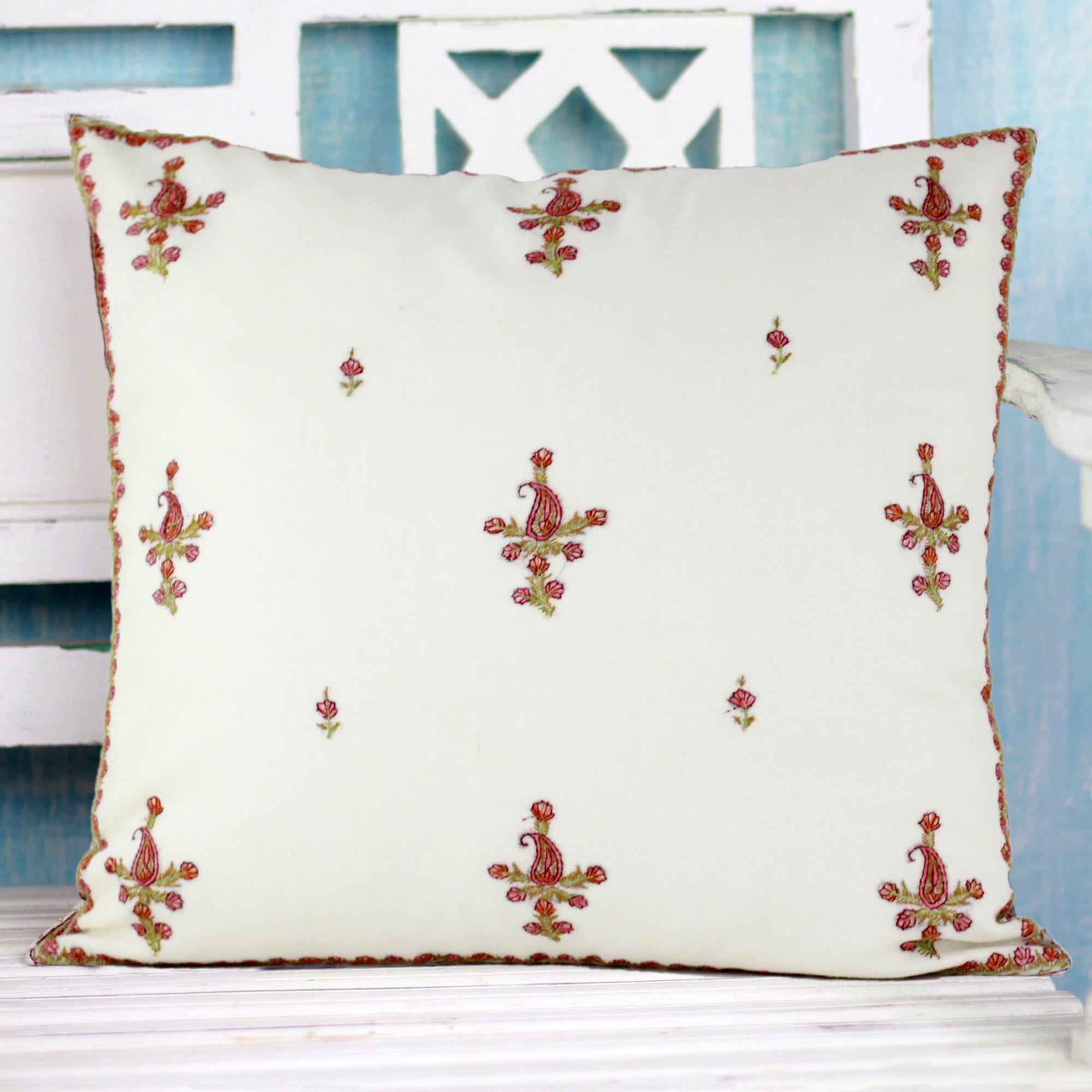 Premium Paisley Blooms Cushion Cover - Handcrafted in India with Traditional Kashidakari Embroidery